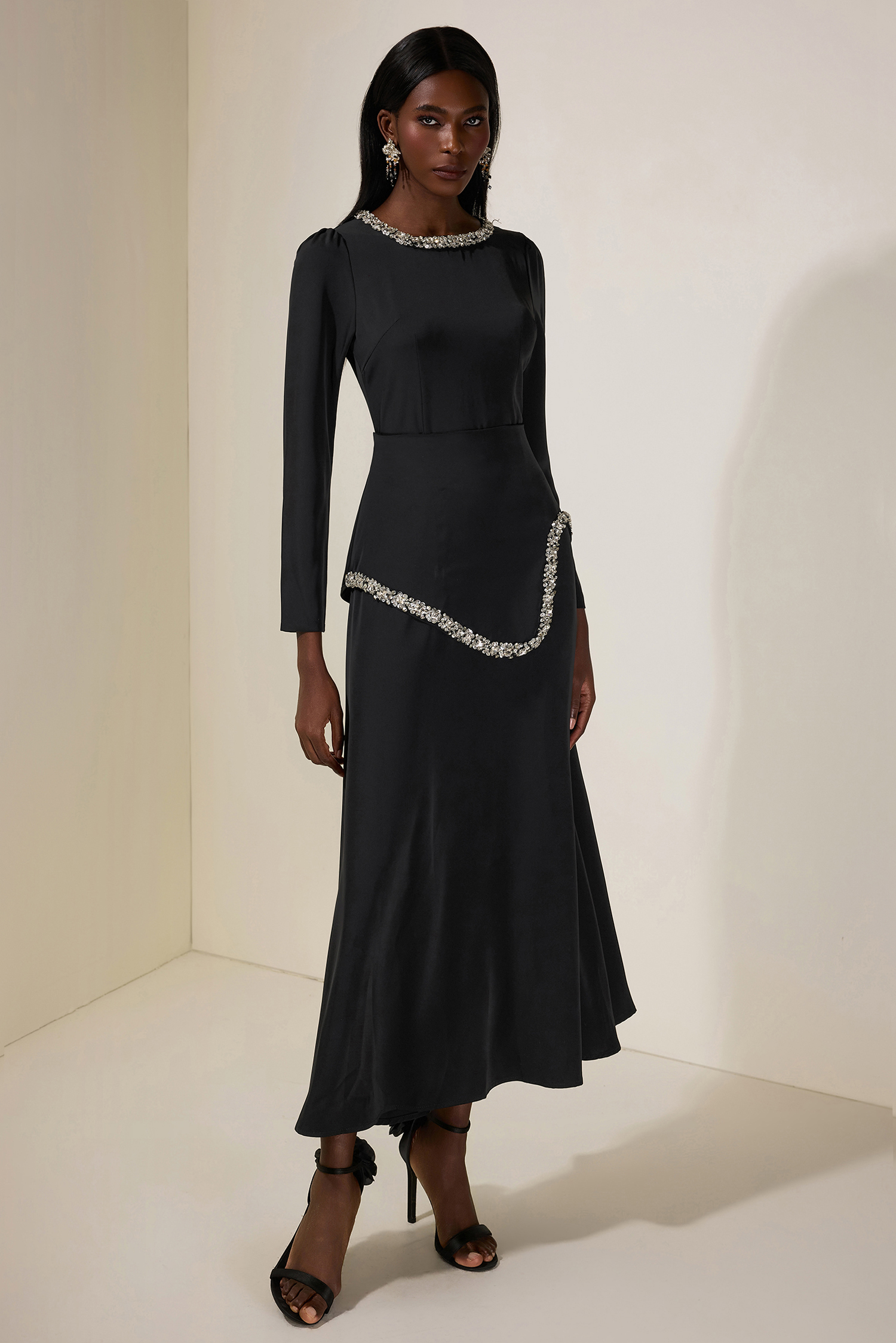 Rhinestone Long Sleeve Midi Dress – JardinVue