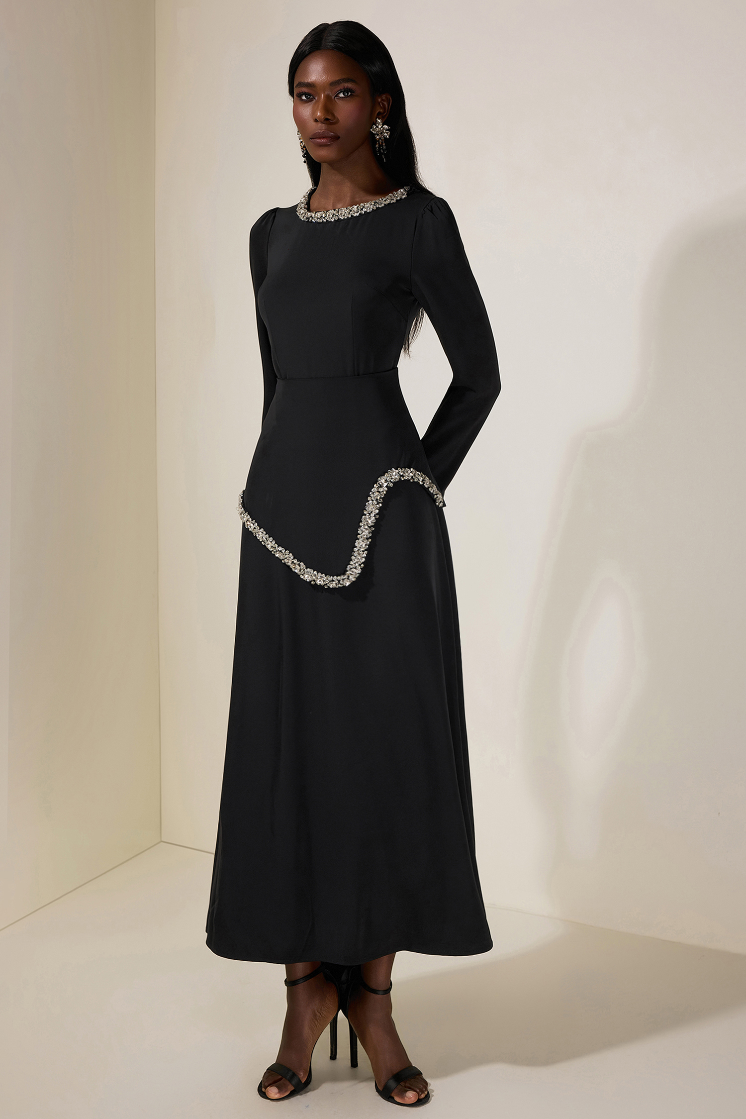Rhinestone Long Sleeve Midi Dress – JardinVue