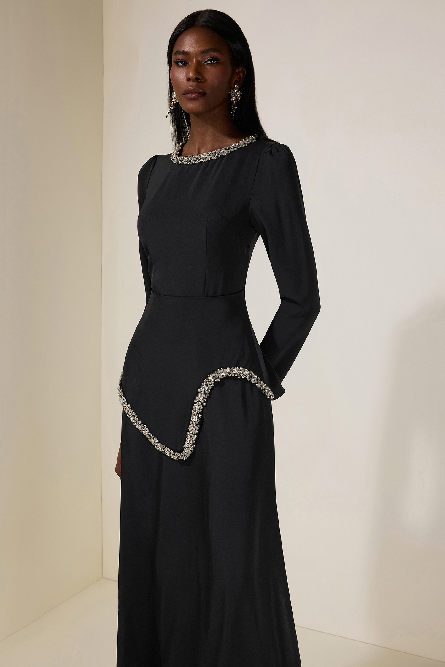 Rhinestone Long Sleeve Midi Dress – JardinVue