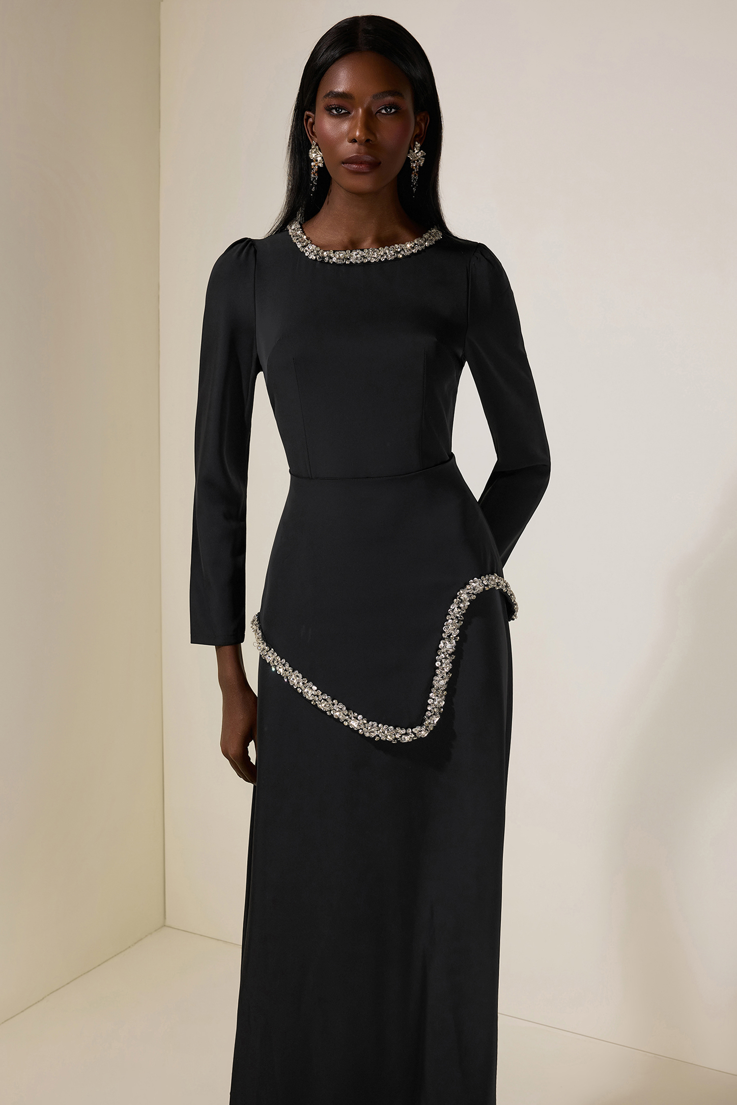 Rhinestone Long Sleeve Midi Dress – JardinVue