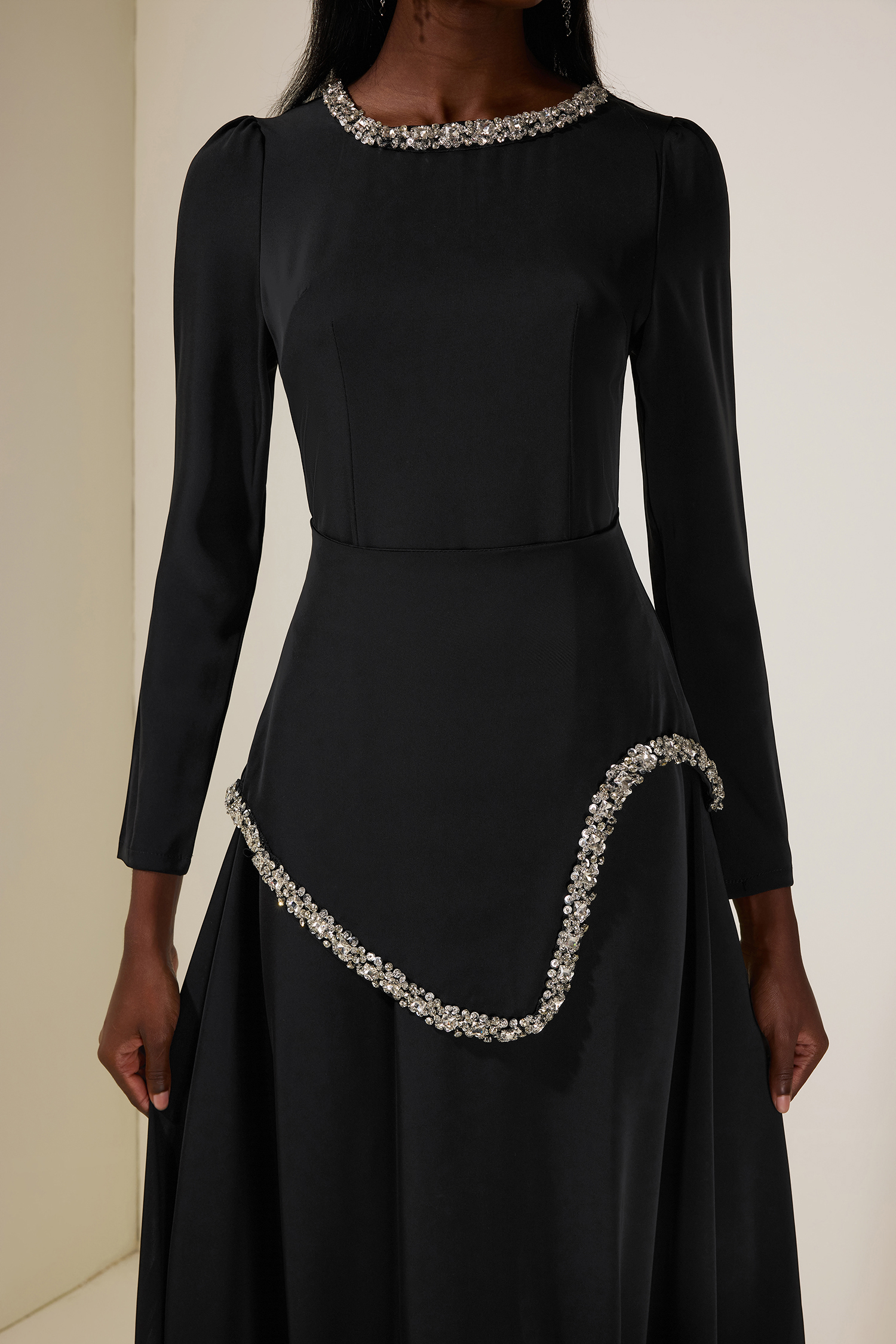Rhinestone Long Sleeve Midi Dress – JardinVue