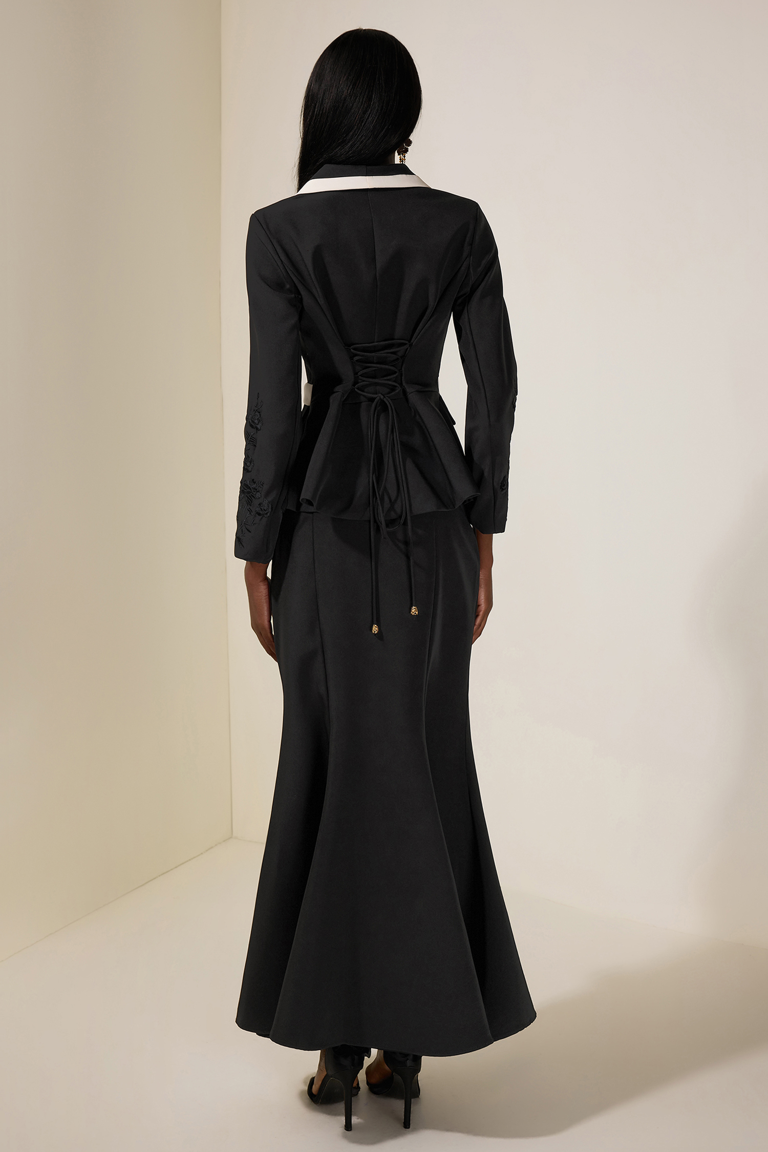 Contrast Color Embroidered Top & Maxi Skirt Set