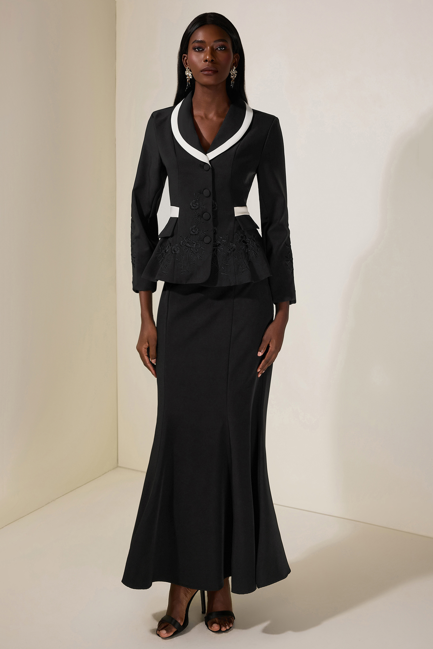 Contrast Color Embroidered Top & Maxi Skirt Set