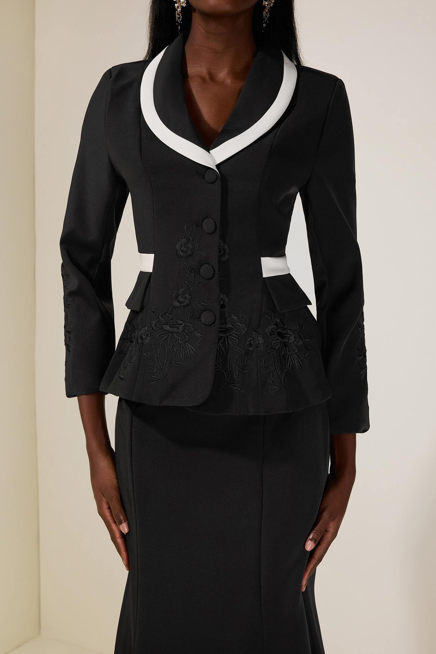 Contrast Color Embroidered Top & Maxi Skirt Set