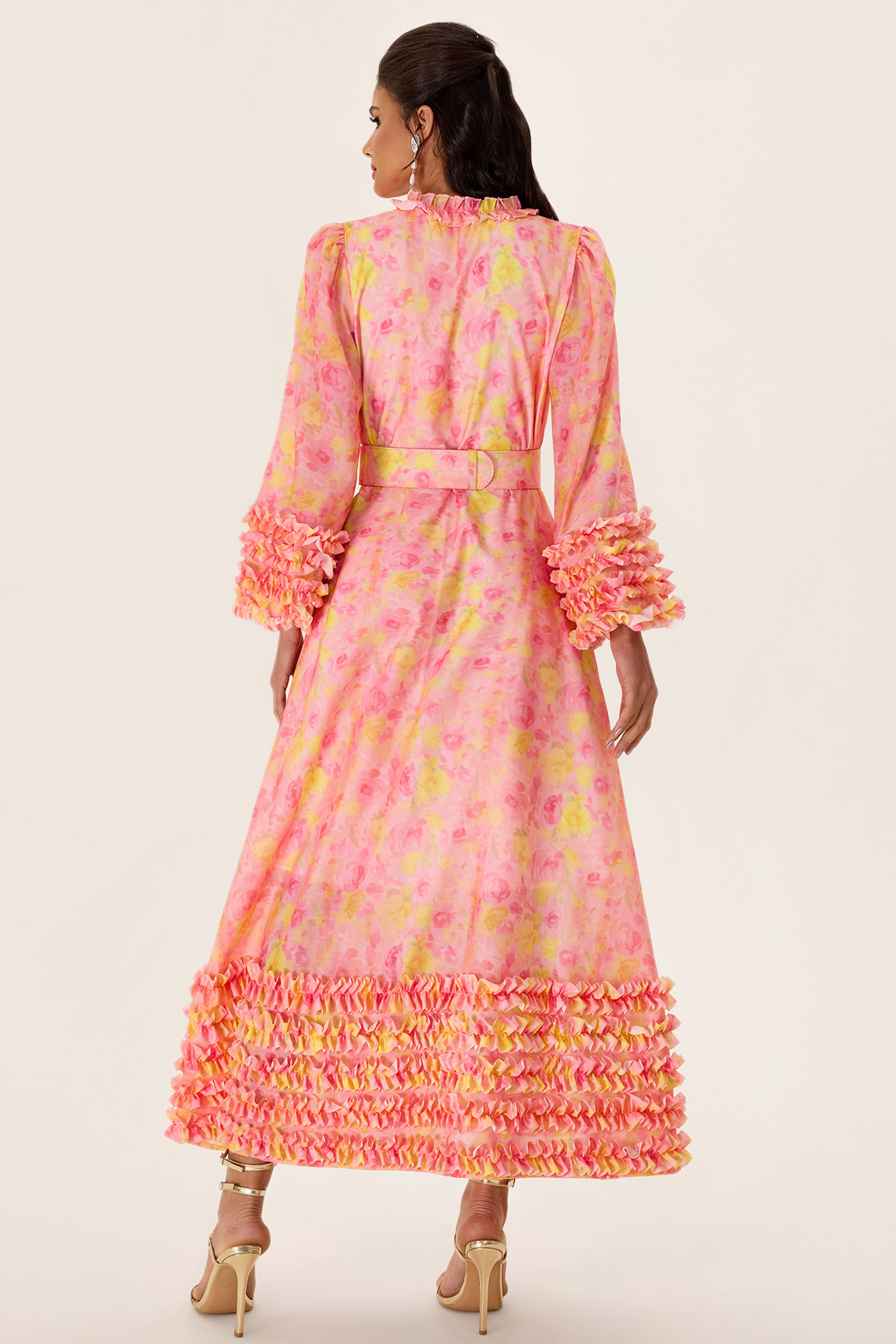 Floral Long Sleeve V-Neck Midi Dress With Belt