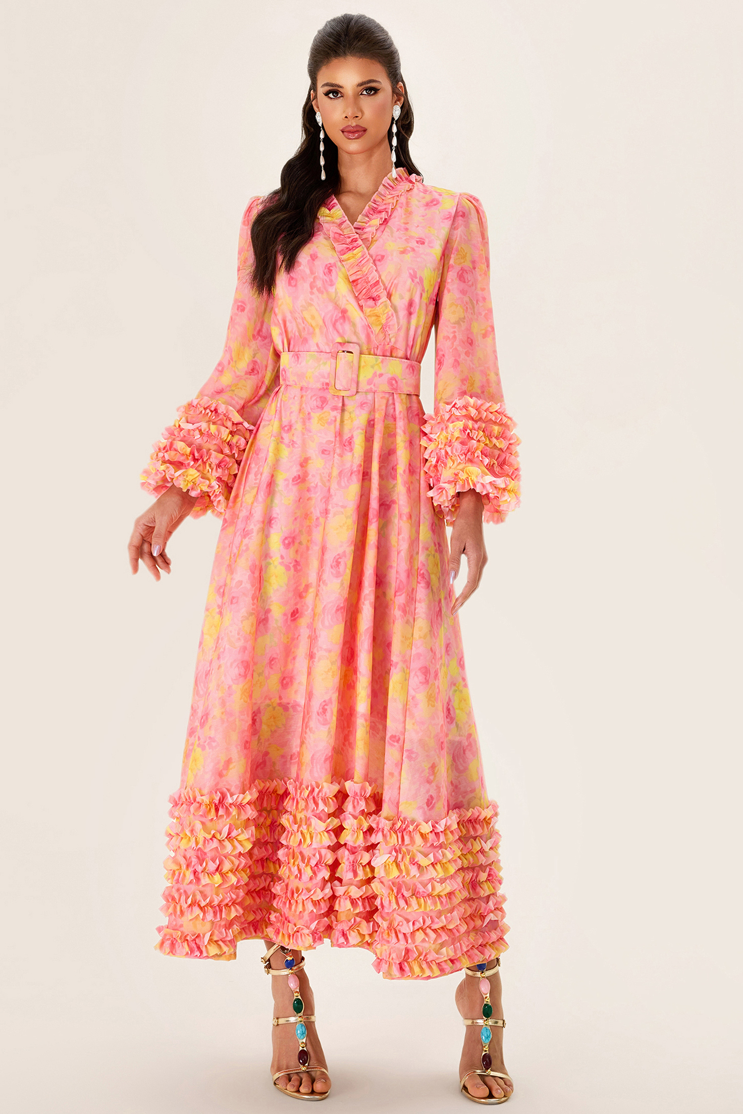 Floral Long Sleeve V-Neck Midi Dress With Belt