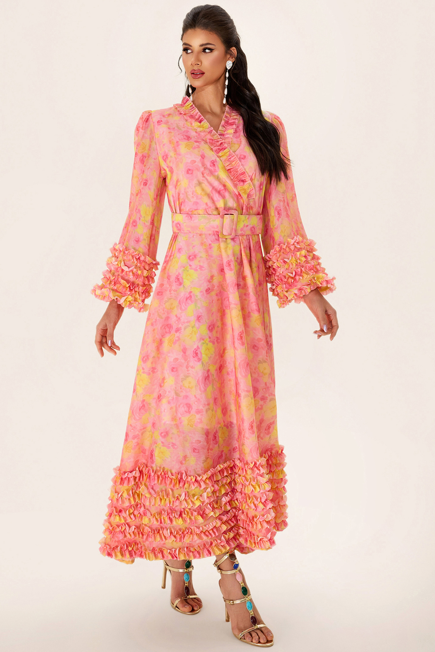Floral Long Sleeve V-Neck Midi Dress With Belt