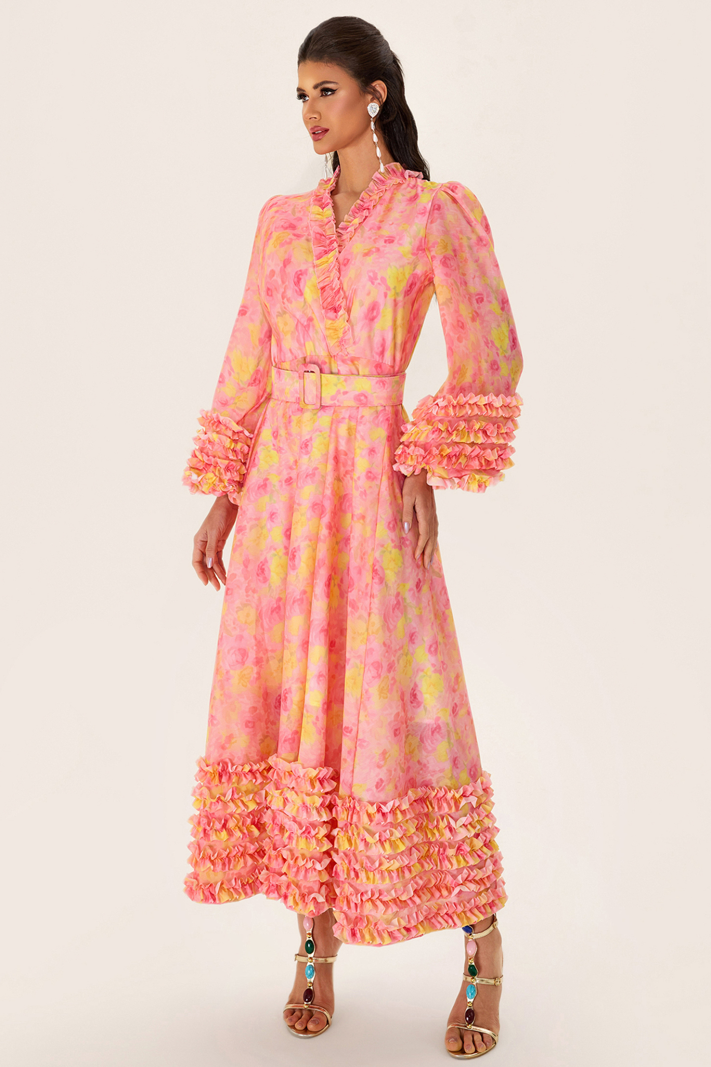 Floral Long Sleeve V-Neck Midi Dress With Belt