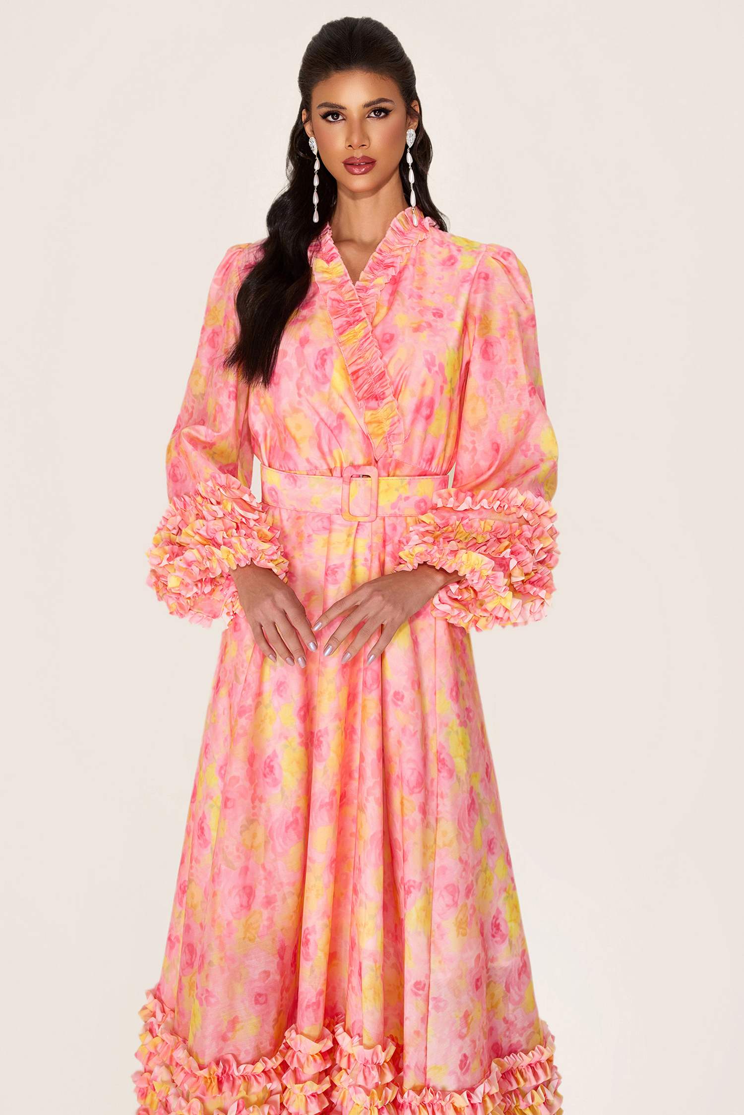 Floral Long Sleeve V-Neck Midi Dress With Belt