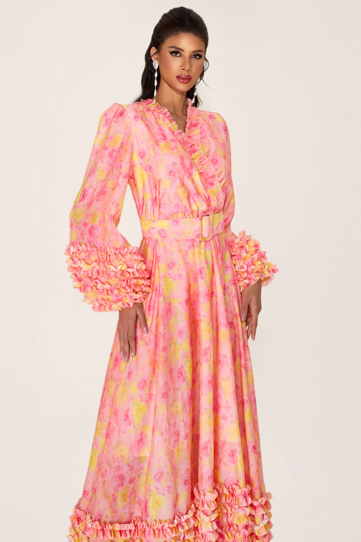 Floral Long Sleeve V-Neck Midi Dress With Belt