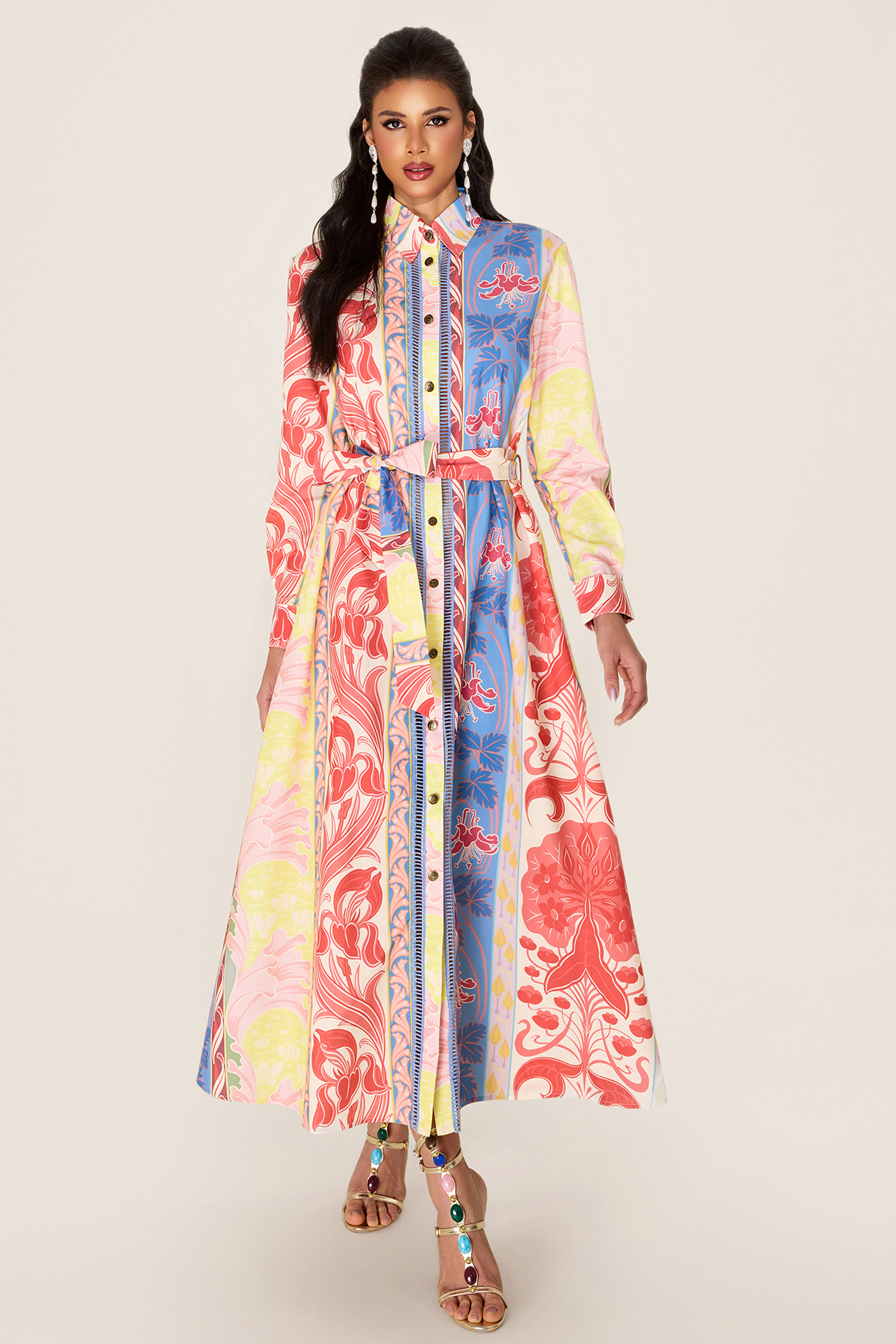 Botanical Print Long Sleeve Midi Dress