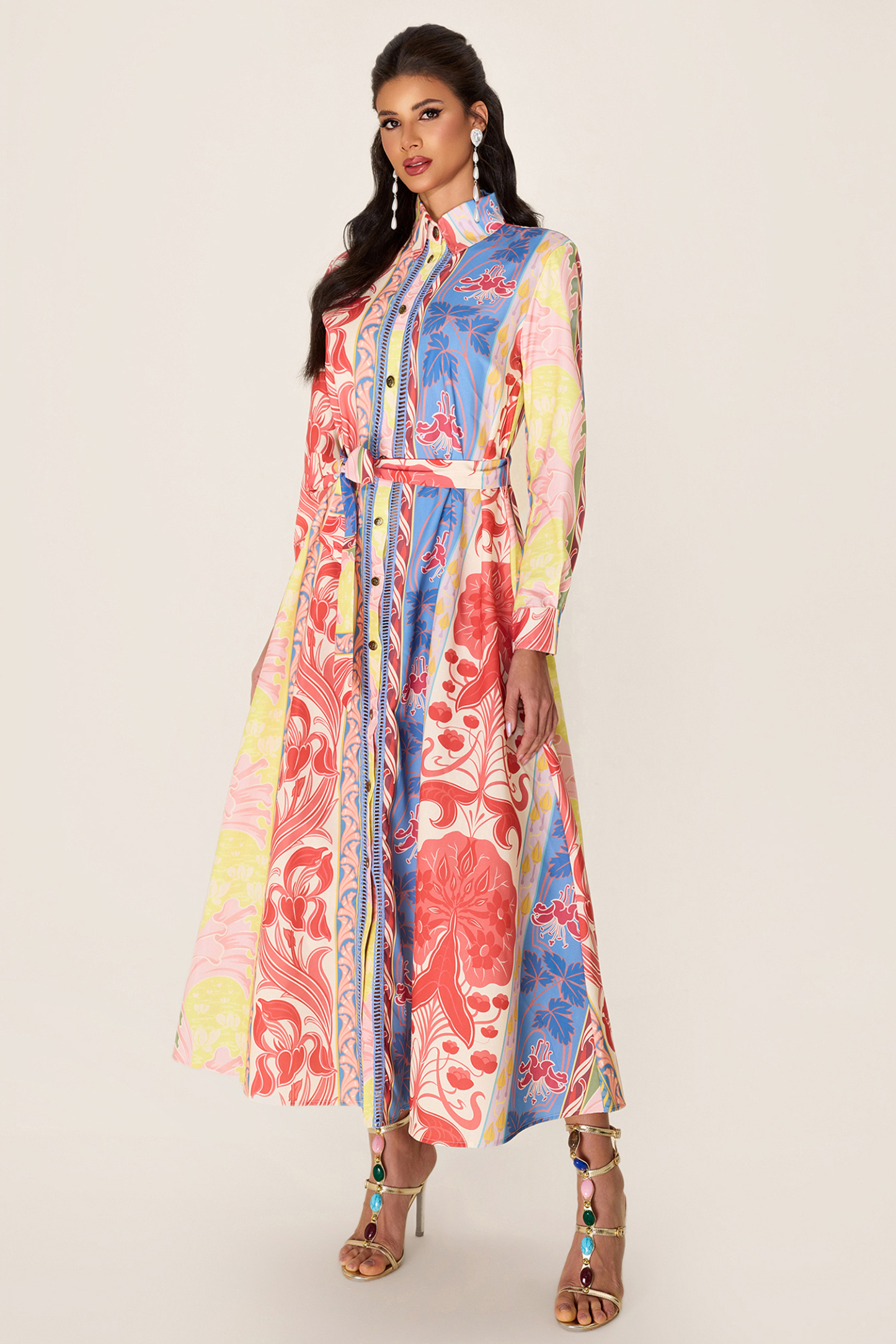 Botanical Print Long Sleeve Midi Dress
