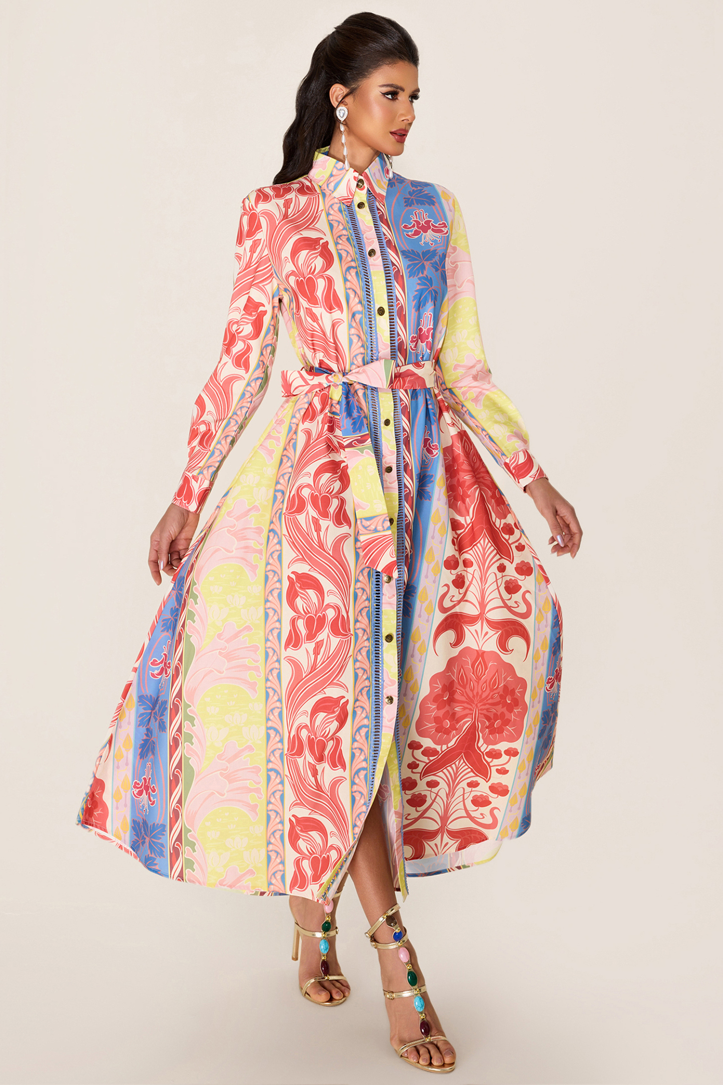 Botanical Print Long Sleeve Midi Dress
