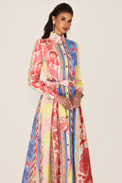 Botanical Print Long Sleeve Midi Dress