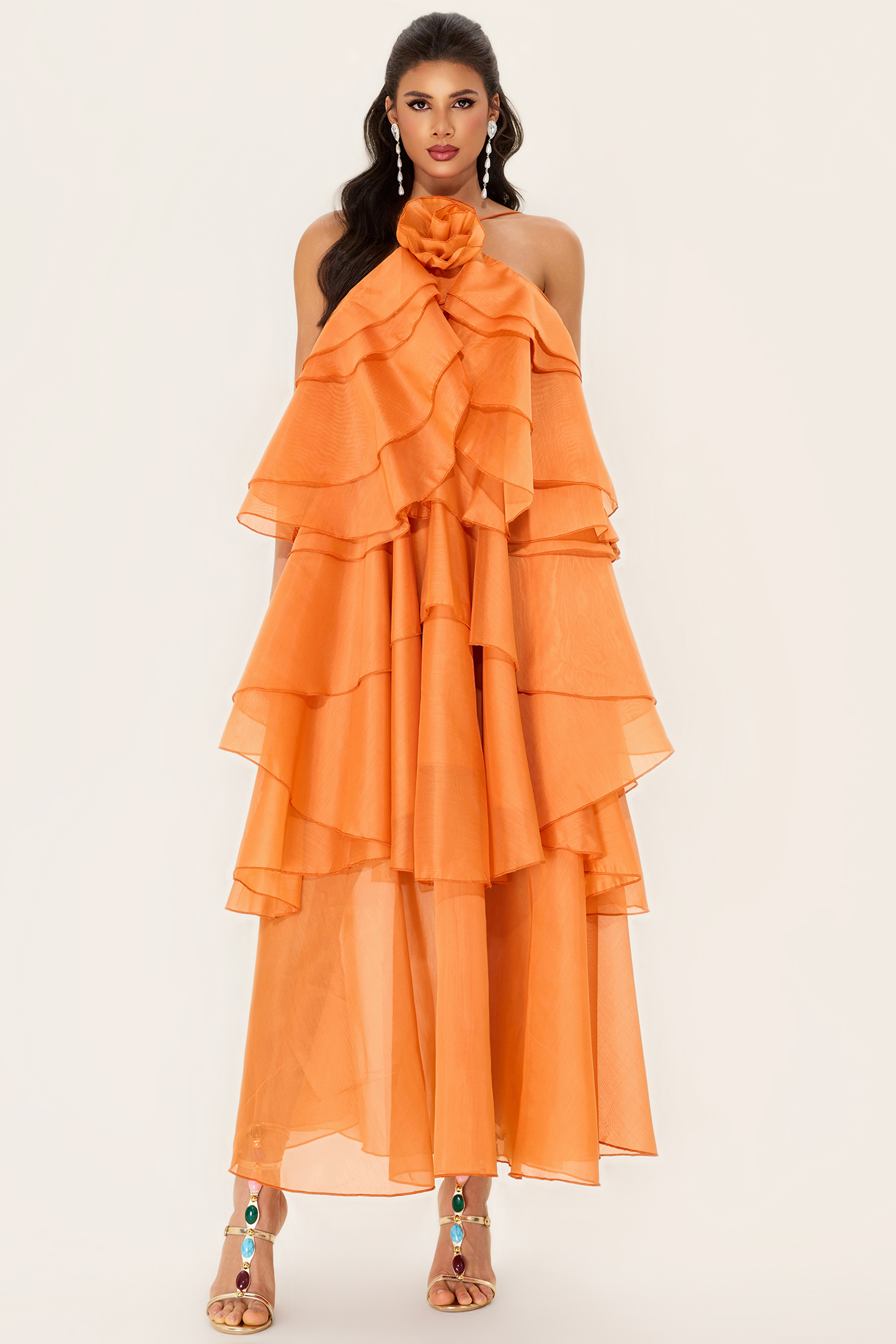 3D Flower Halter Neck Frill Maxi Dress