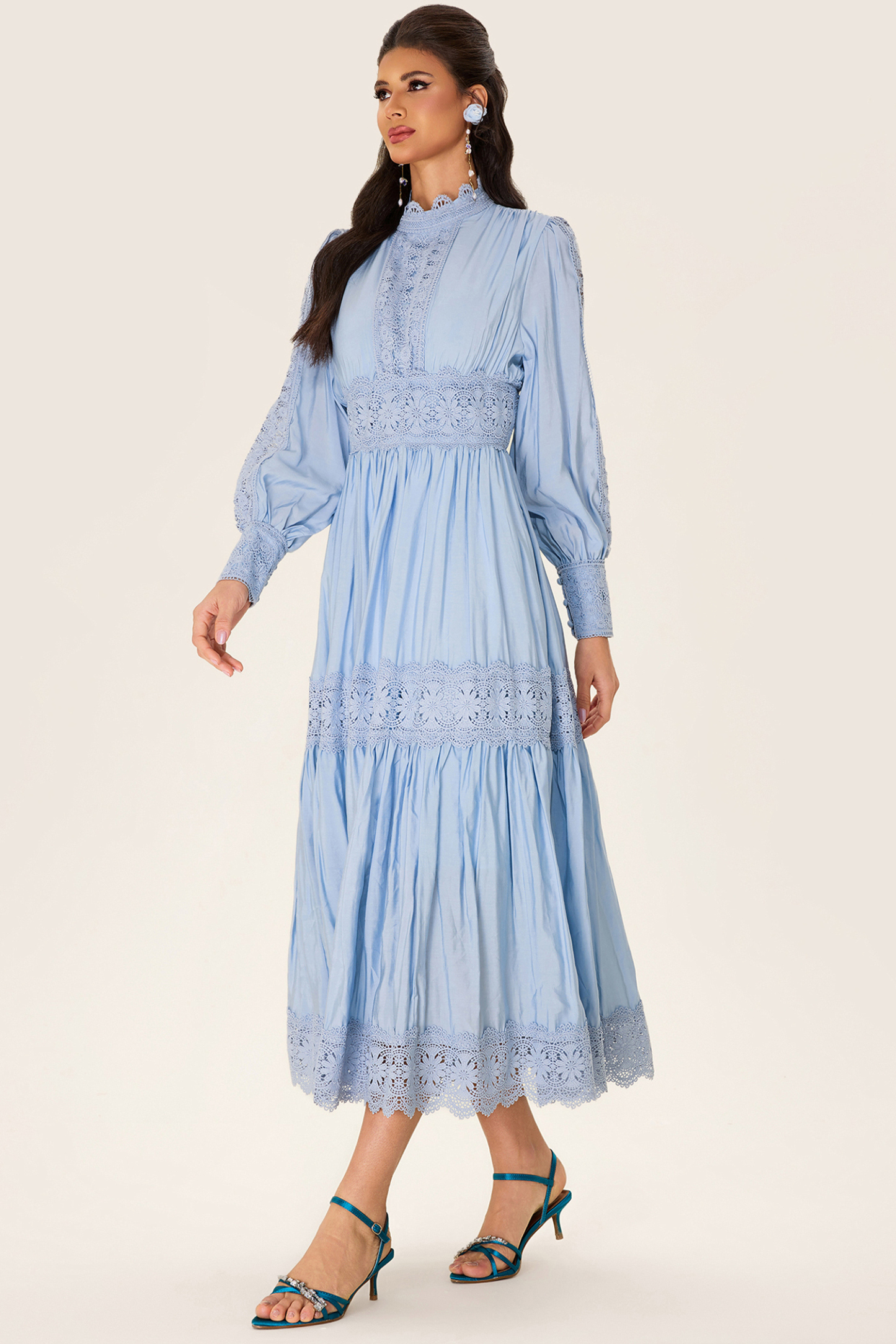 Lace Lantern Sleeve Solid Midi Dress