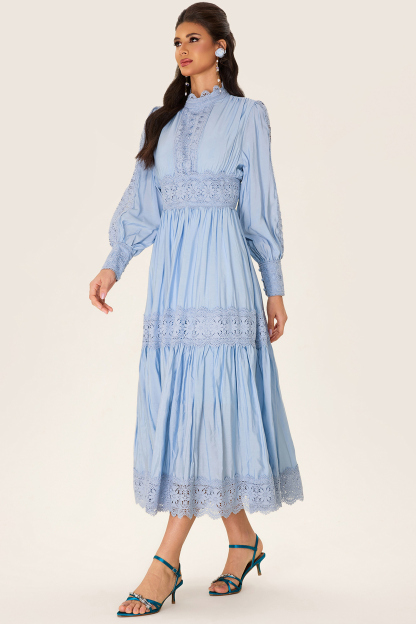 Lace Lantern Sleeve Solid Midi Dress