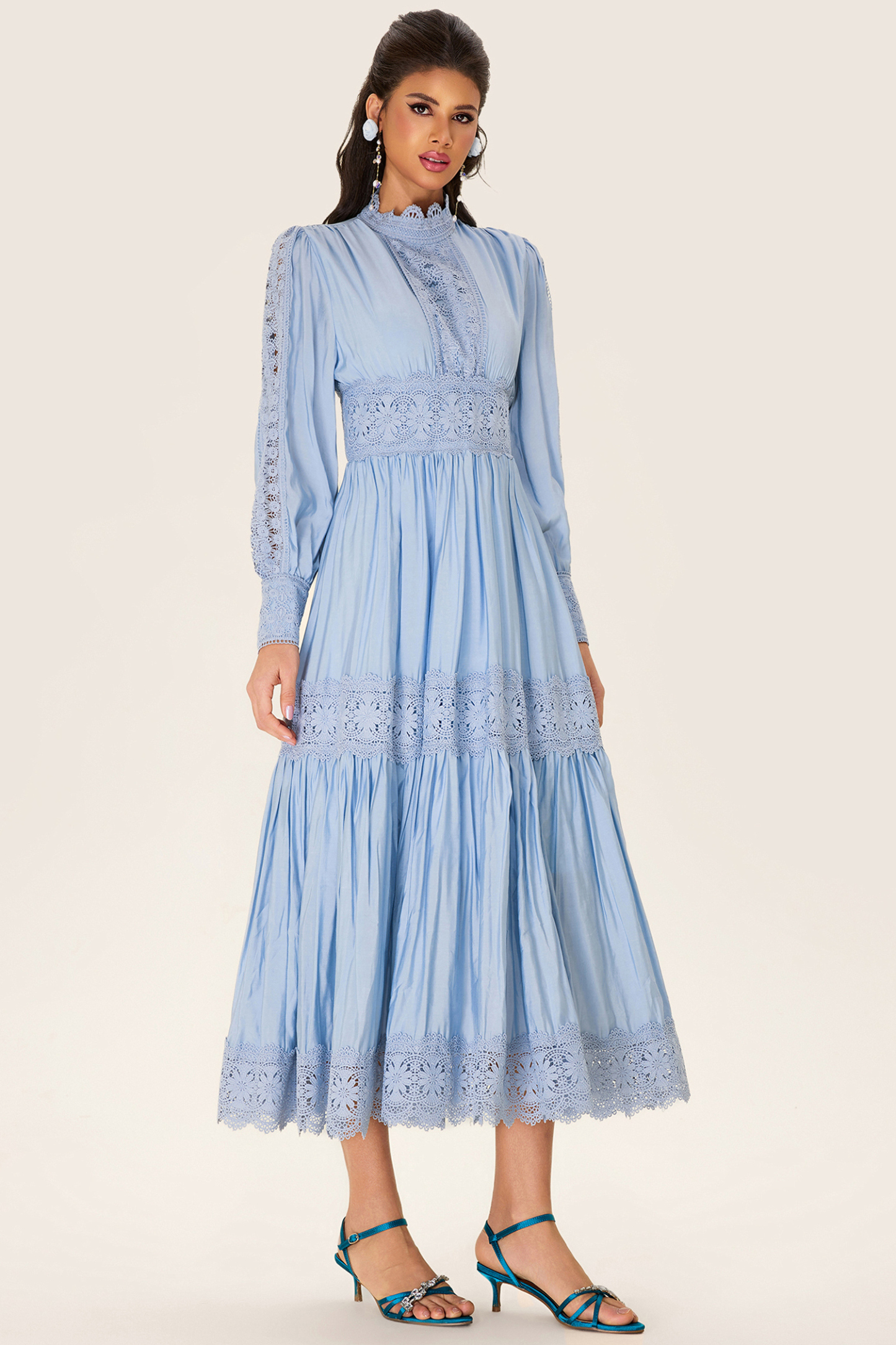 Lace Lantern Sleeve Solid Midi Dress