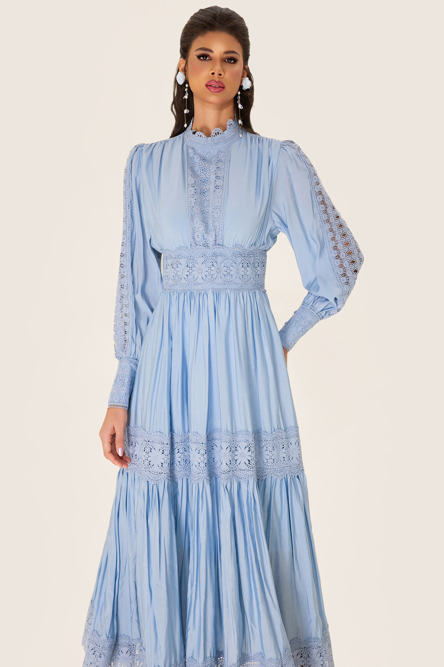 Lace Lantern Sleeve Solid Midi Dress