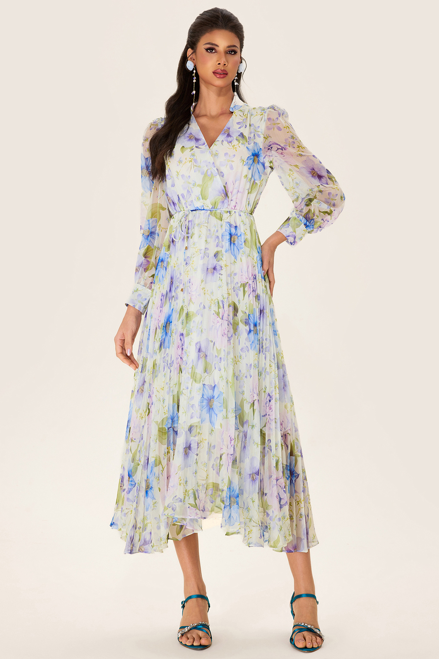 Floral Pleated Chiffon Midi Dress