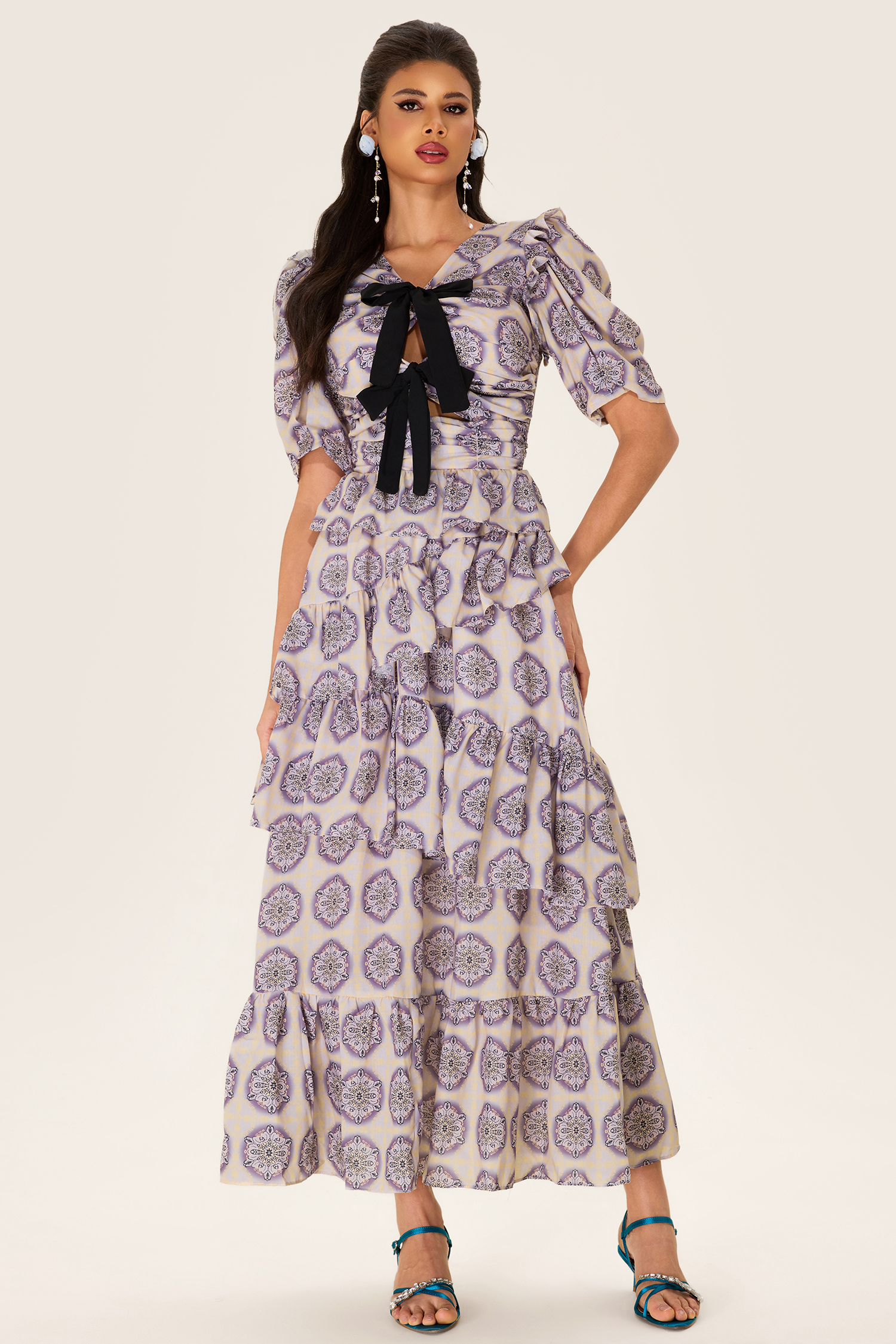 Ruffle Puff-Sleeve Bow Midi Dress