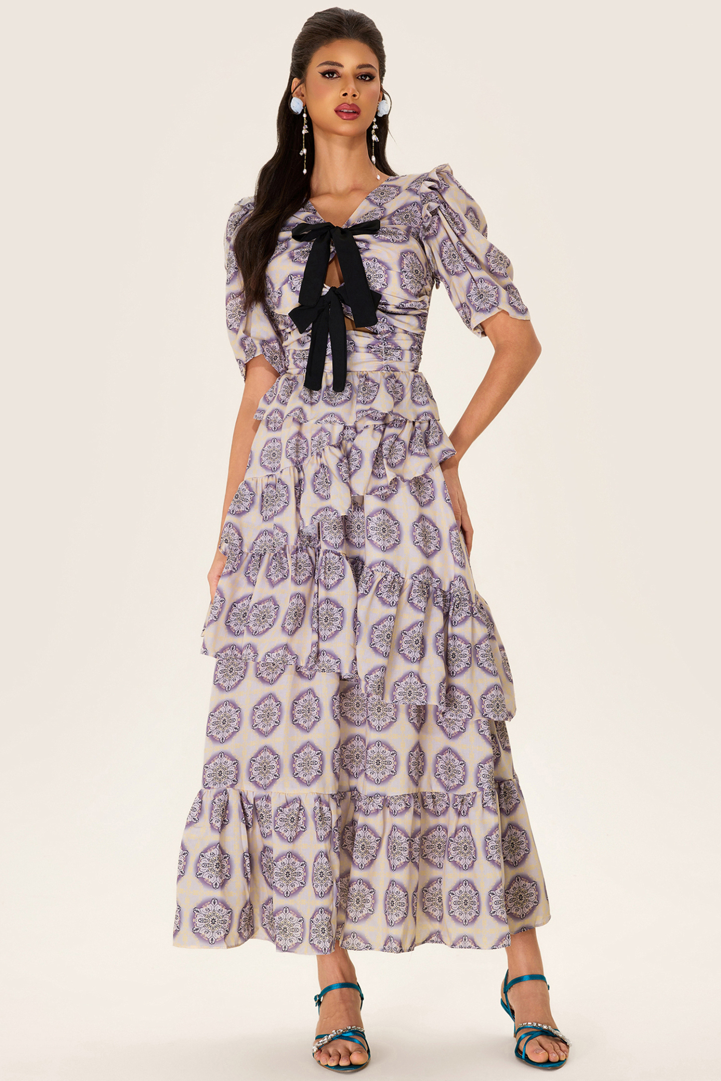 Ruffle Puff Sleeve Bow Midi Dress