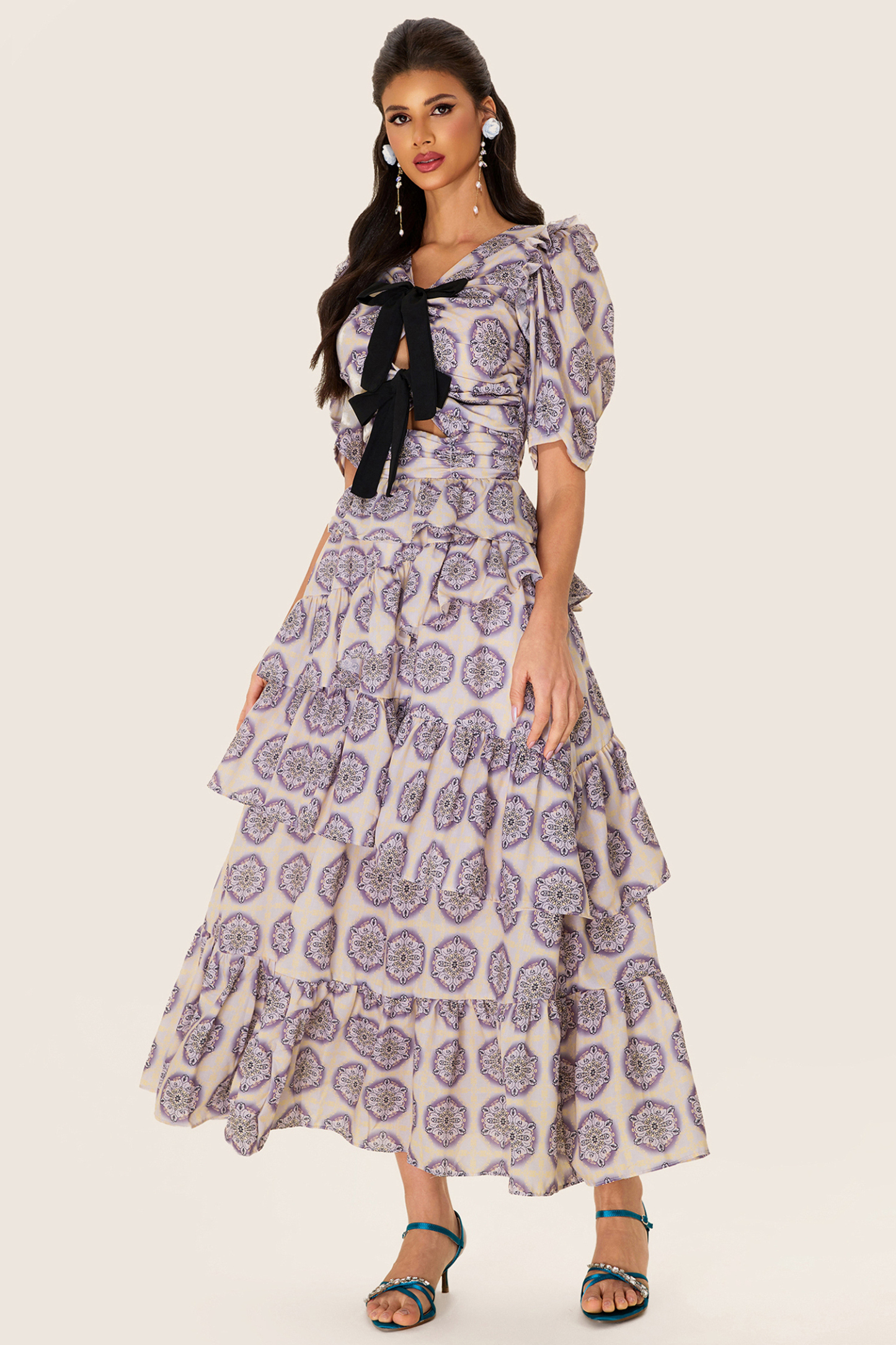 Ruffle Puff Sleeve Bow Midi Dress