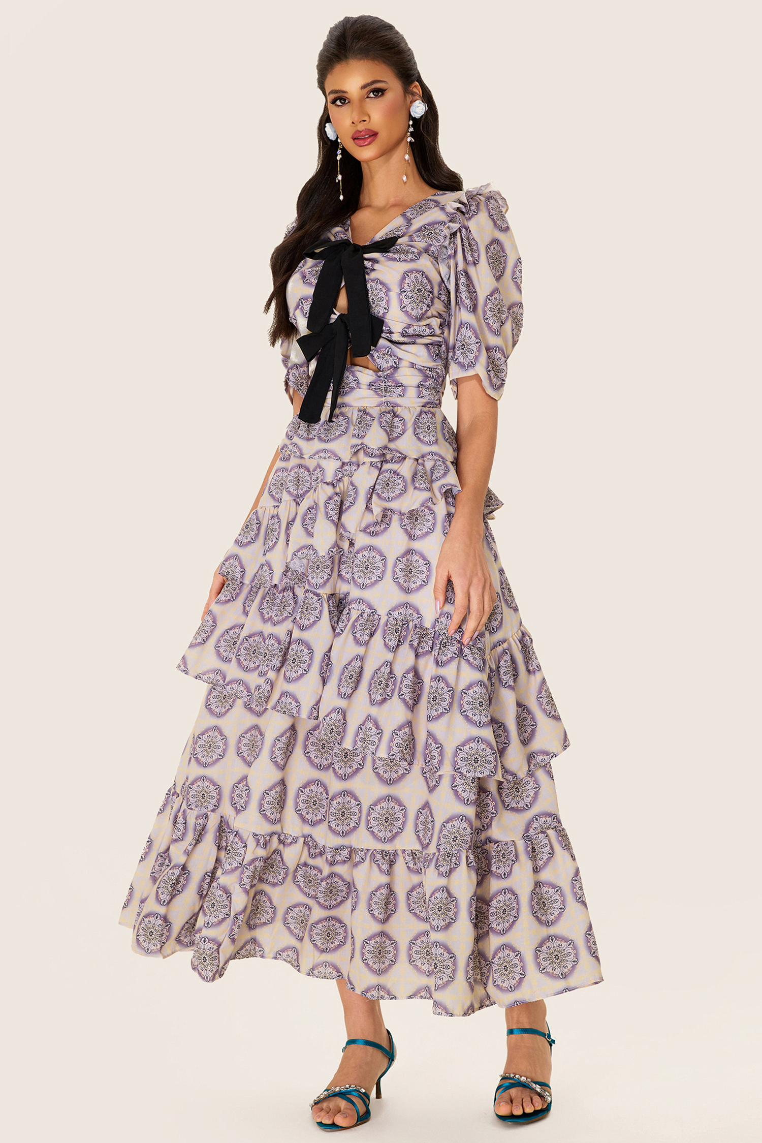 Ruffle Puff Sleeve Bow Midi Dress