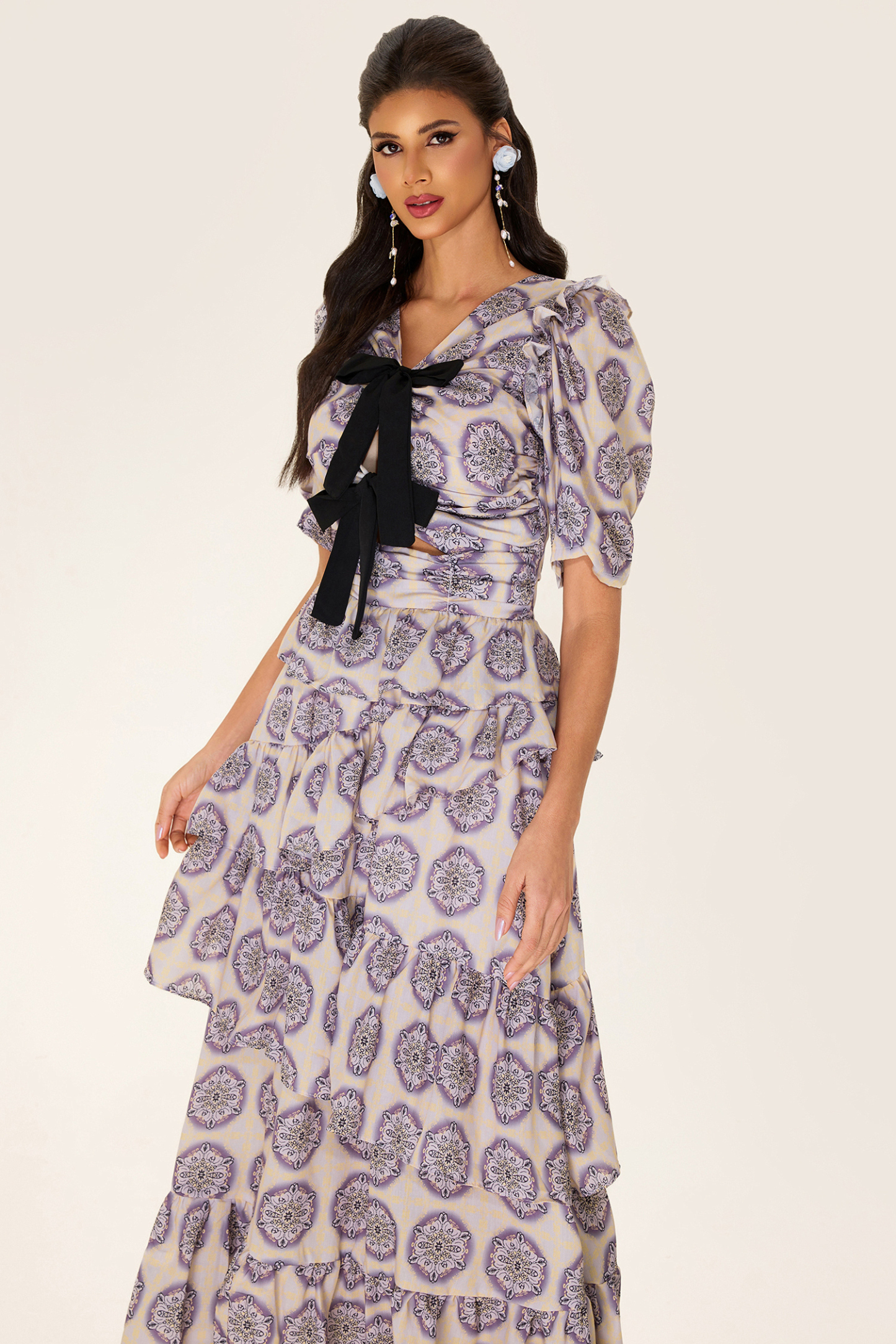 Ruffle Puff Sleeve Bow Midi Dress
