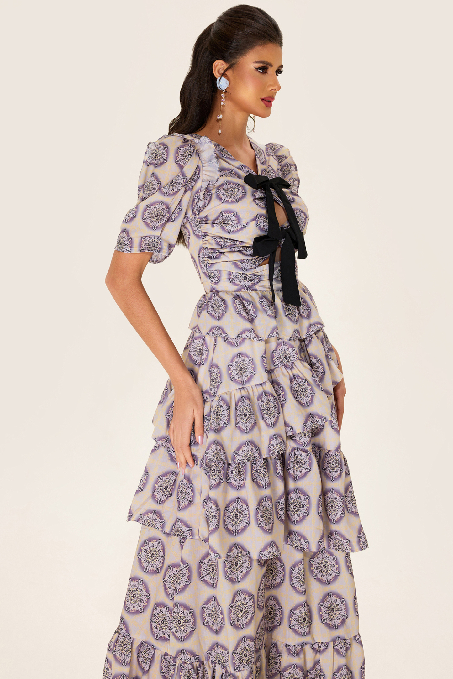 Ruffle Puff Sleeve Bow Midi Dress
