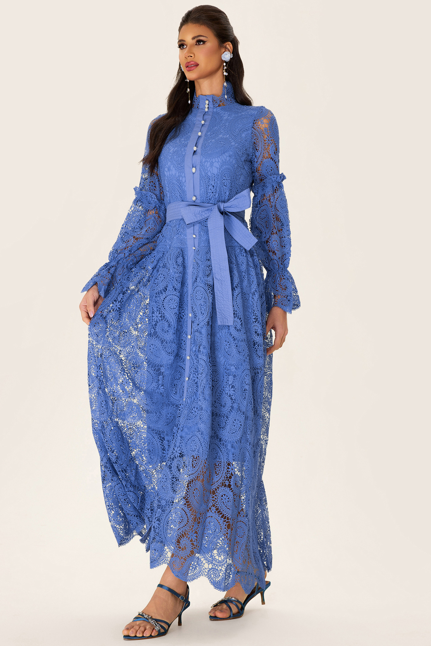 Single Breasted Lace Split Midi Dress