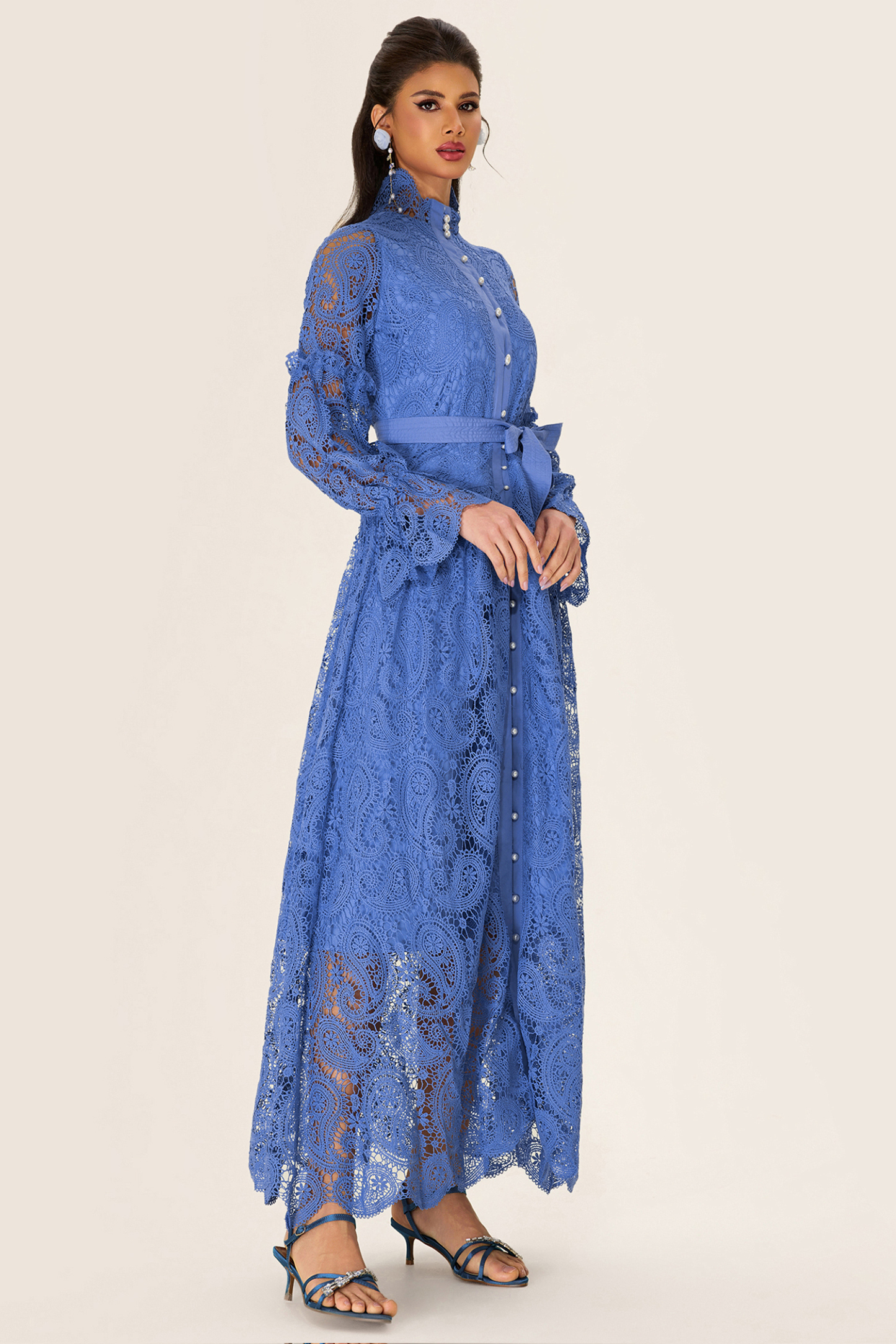 Single Breasted Lace Split Midi Dress