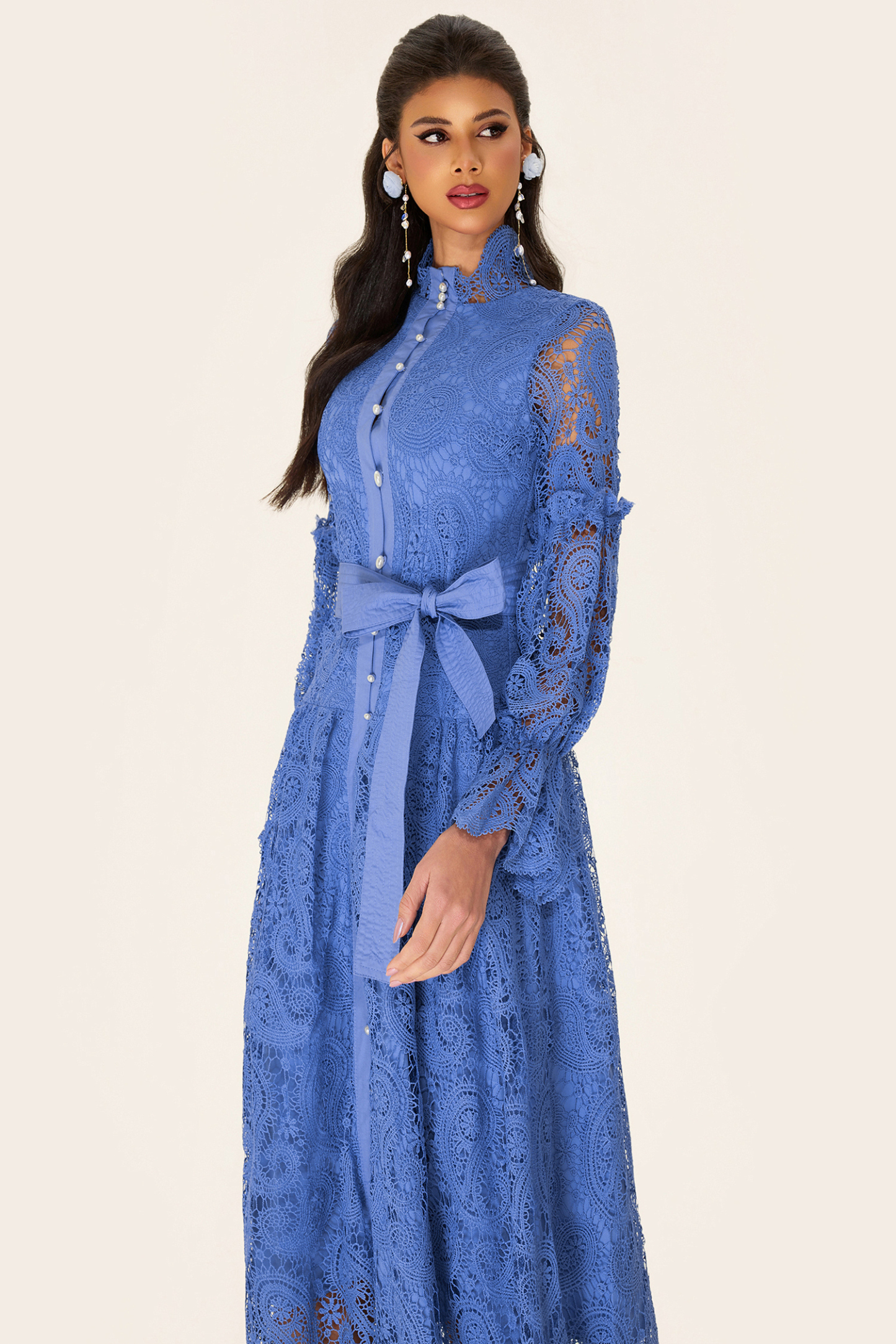 Single Breasted Lace Split Midi Dress