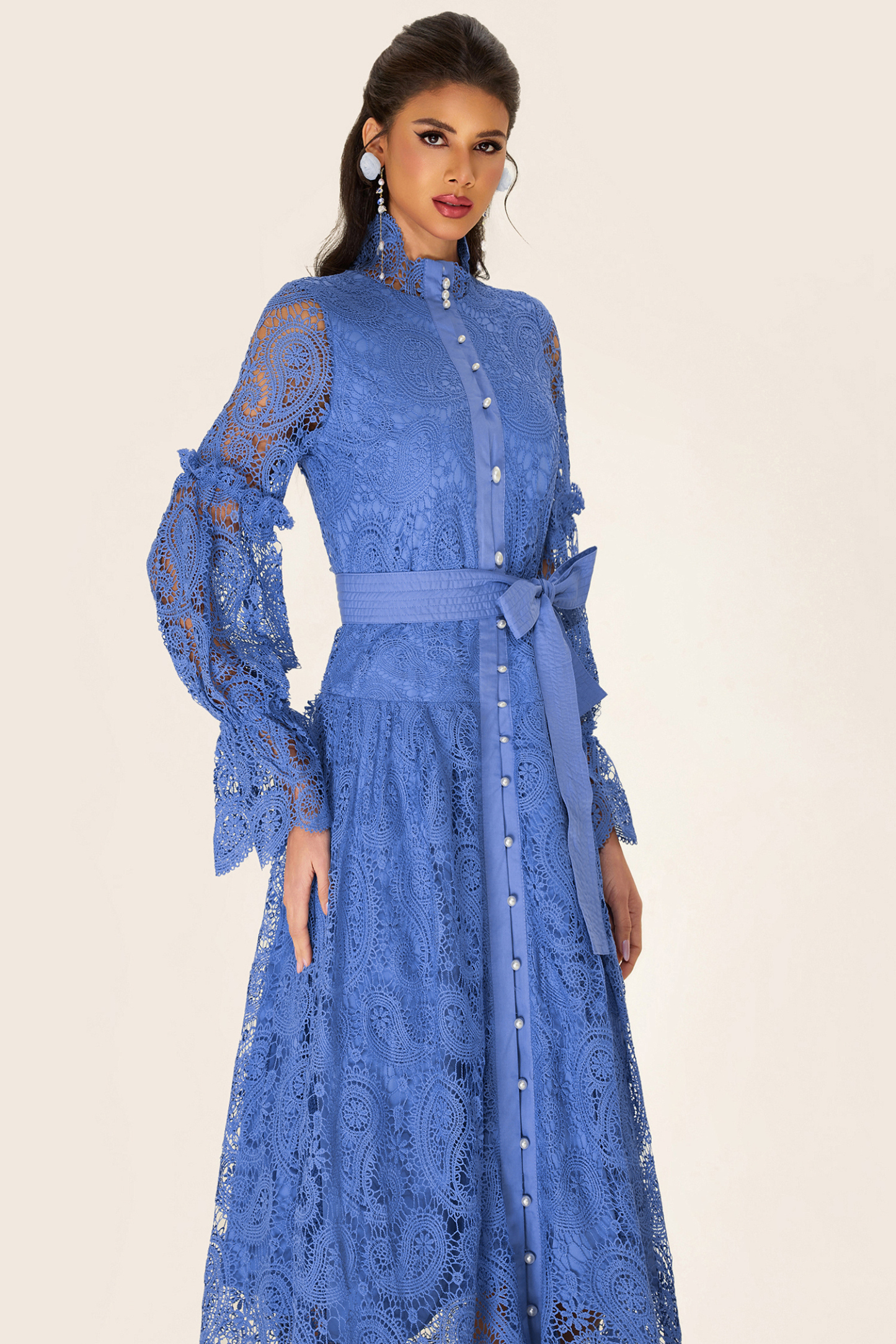 Single Breasted Lace Split Midi Dress