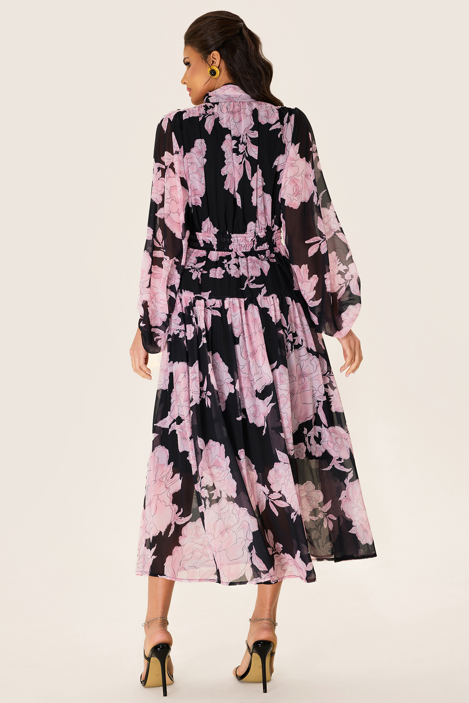 Floral Long Sleeve Smocking Midi Dress