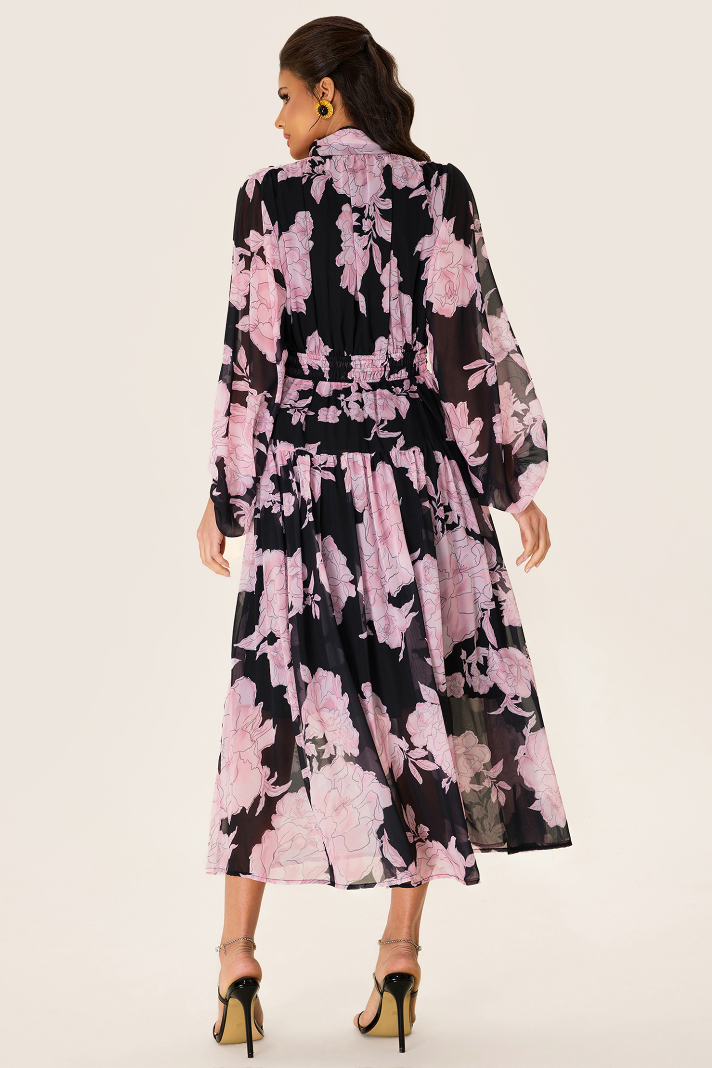Floral Long Sleeve Smocking Midi Dress