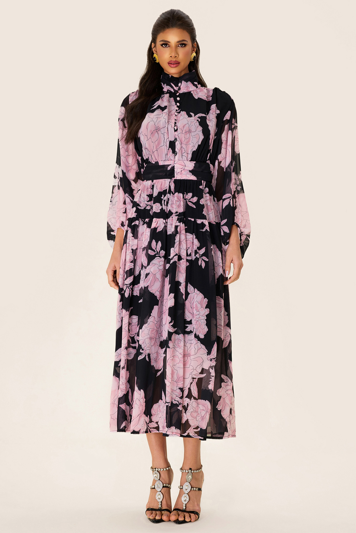 Floral Long Sleeve Smocking Midi Dress