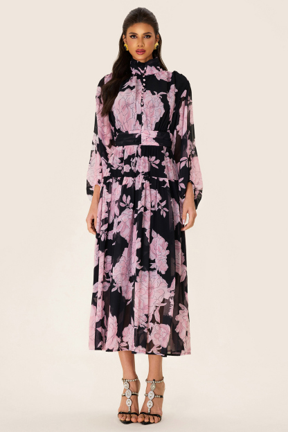 Floral Long Sleeve Smocking Midi Dress