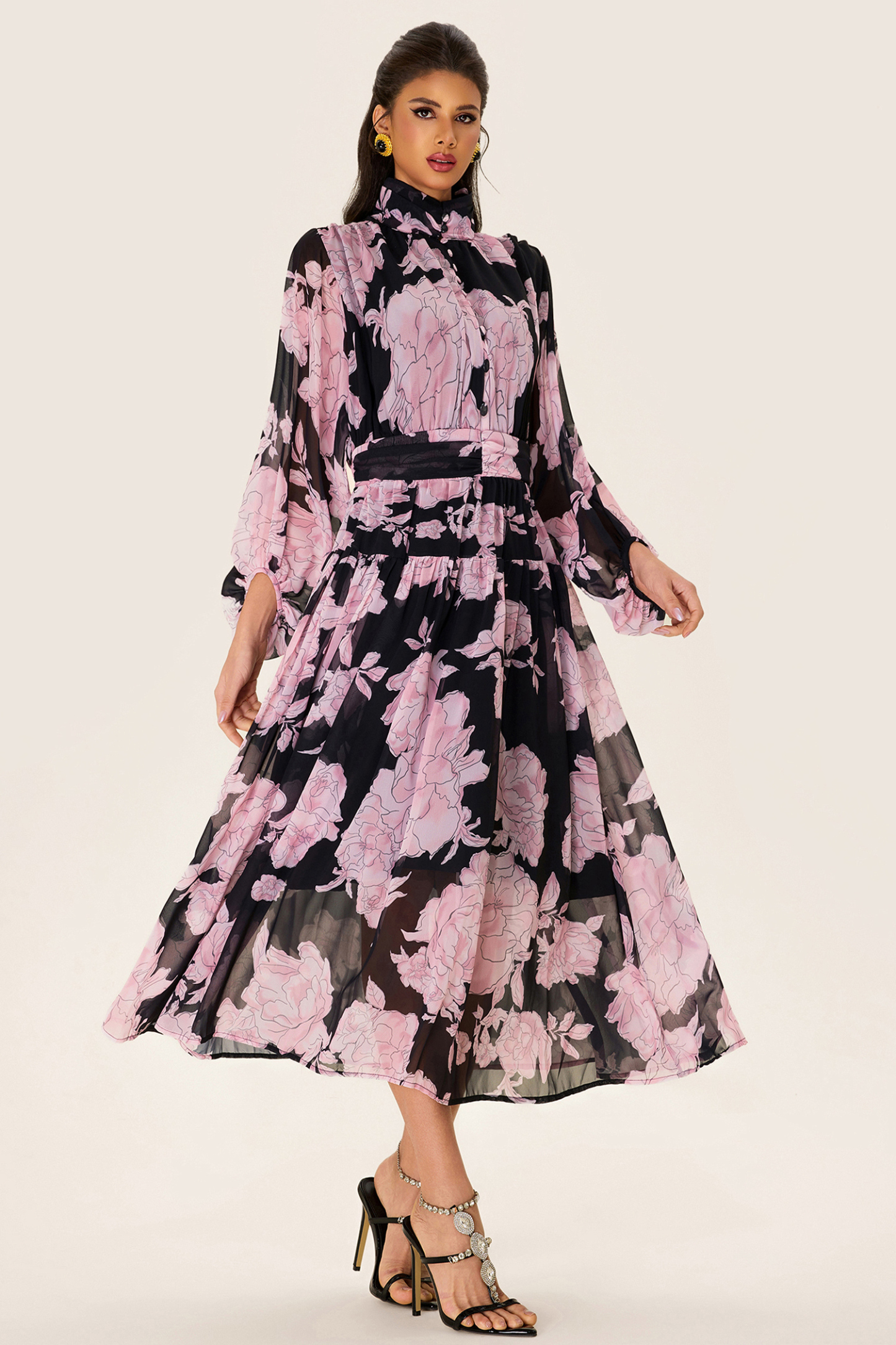 Floral Long Sleeve Smocking Midi Dress
