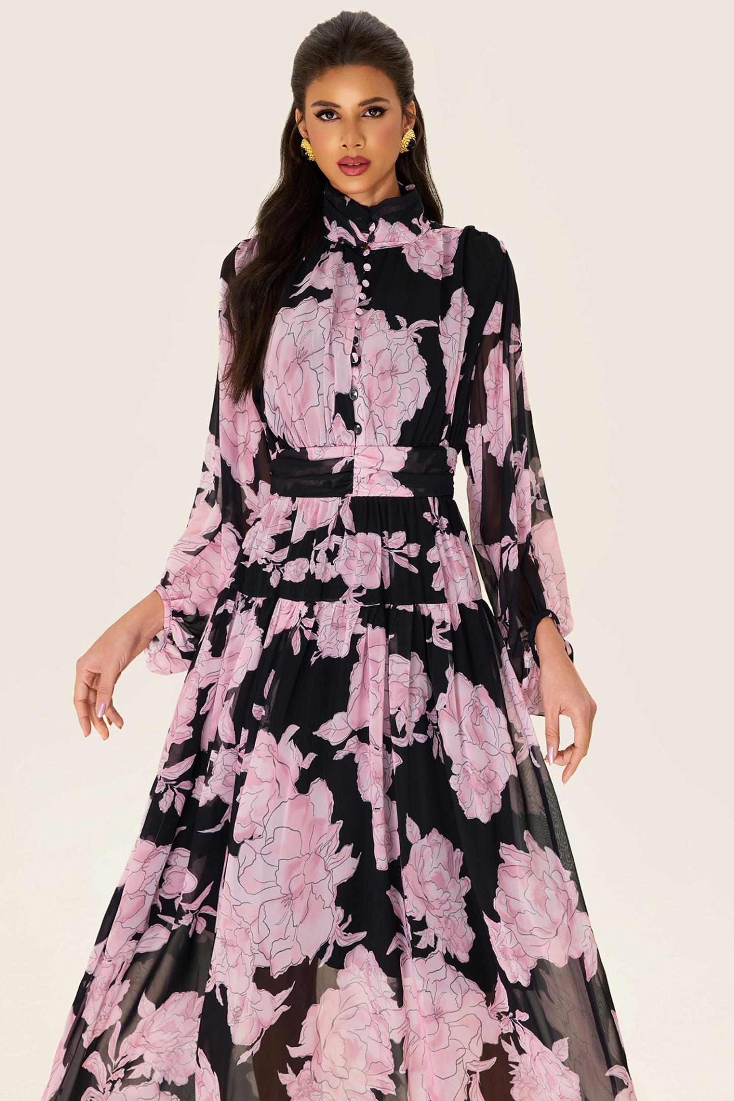 Floral Long Sleeve Smocking Midi Dress