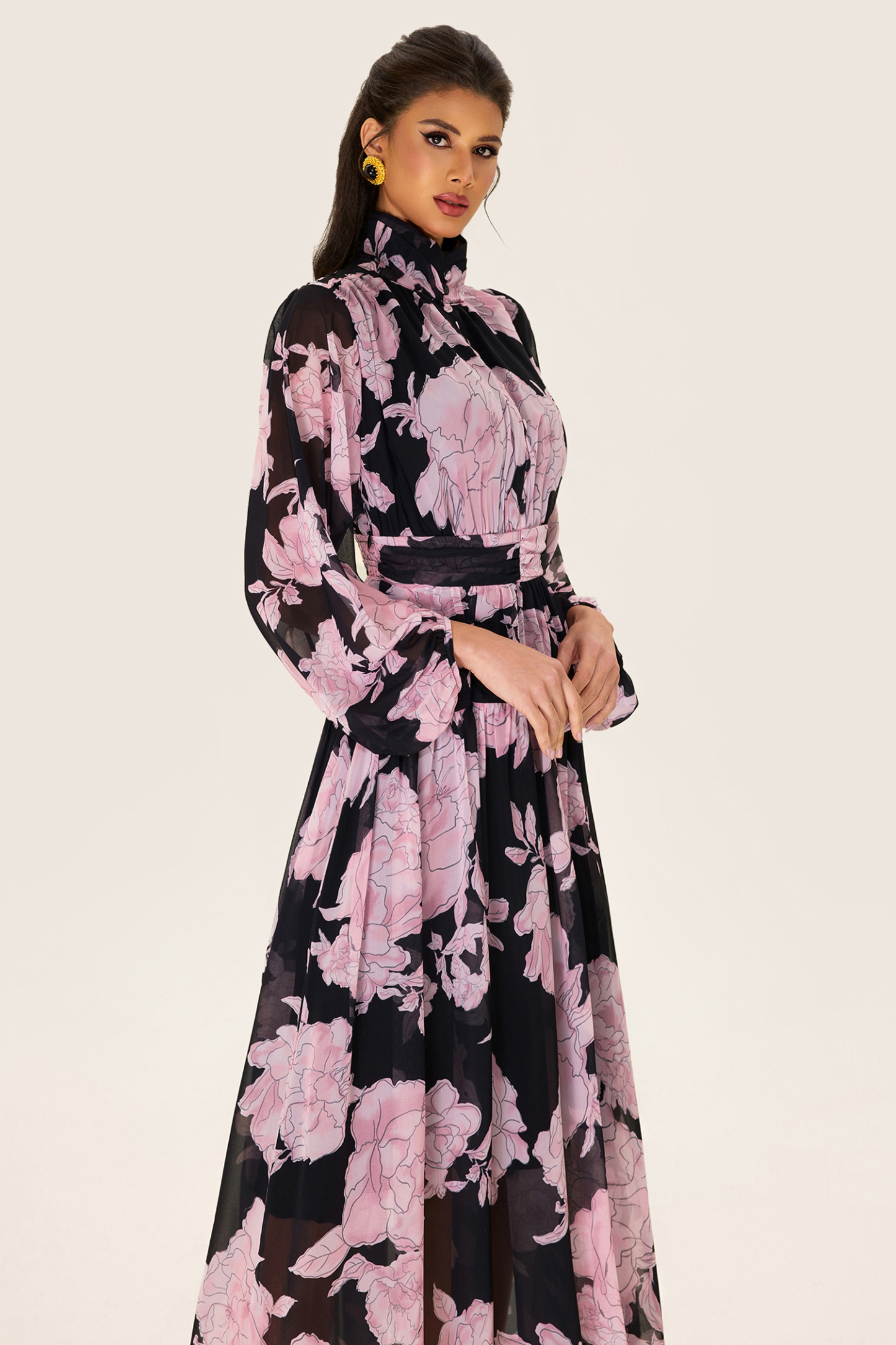 Floral Long Sleeve Smocking Midi Dress