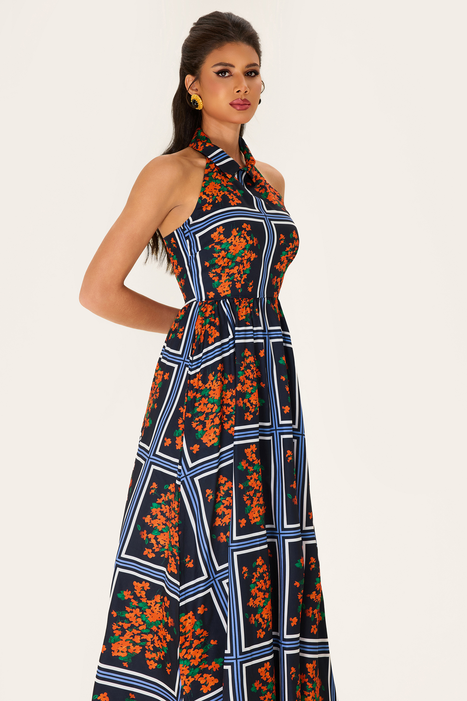 Shirt Collar Sleeveless Floral Midi Dress