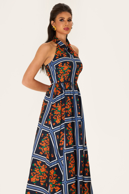 Shirt Collar Sleeveless Floral Midi Dress