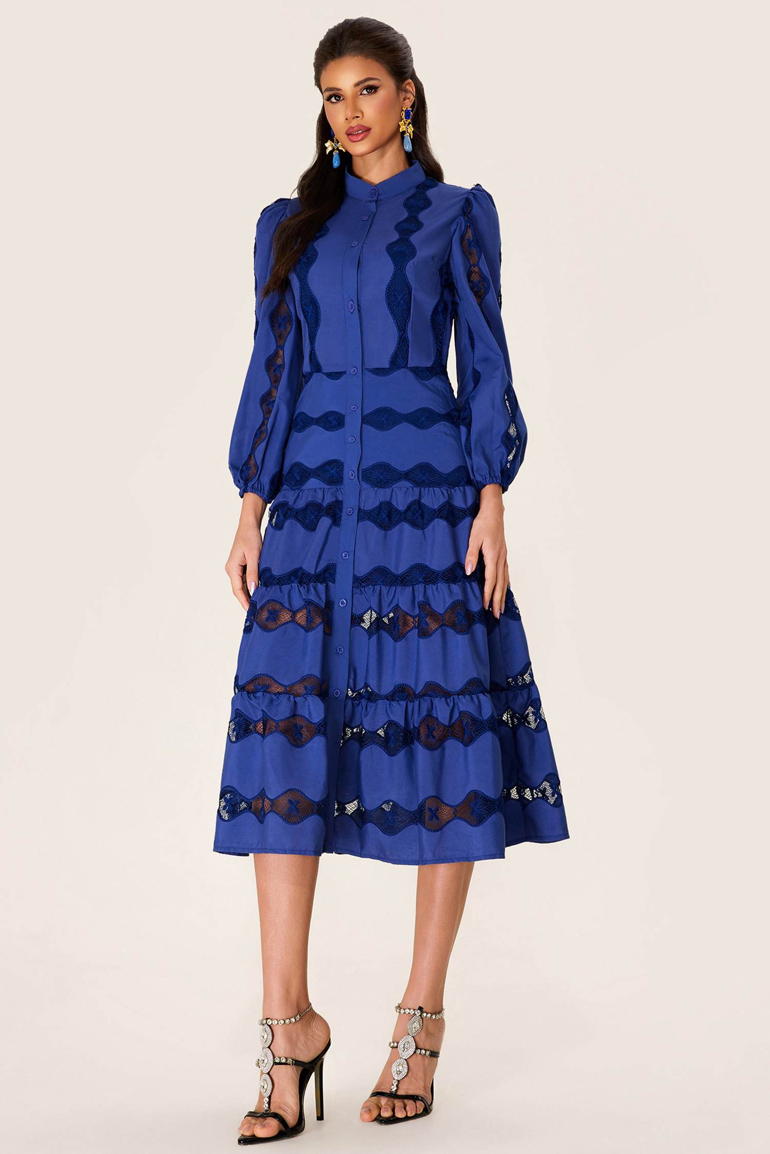 Embroidered Solid Bottom Midi Dress