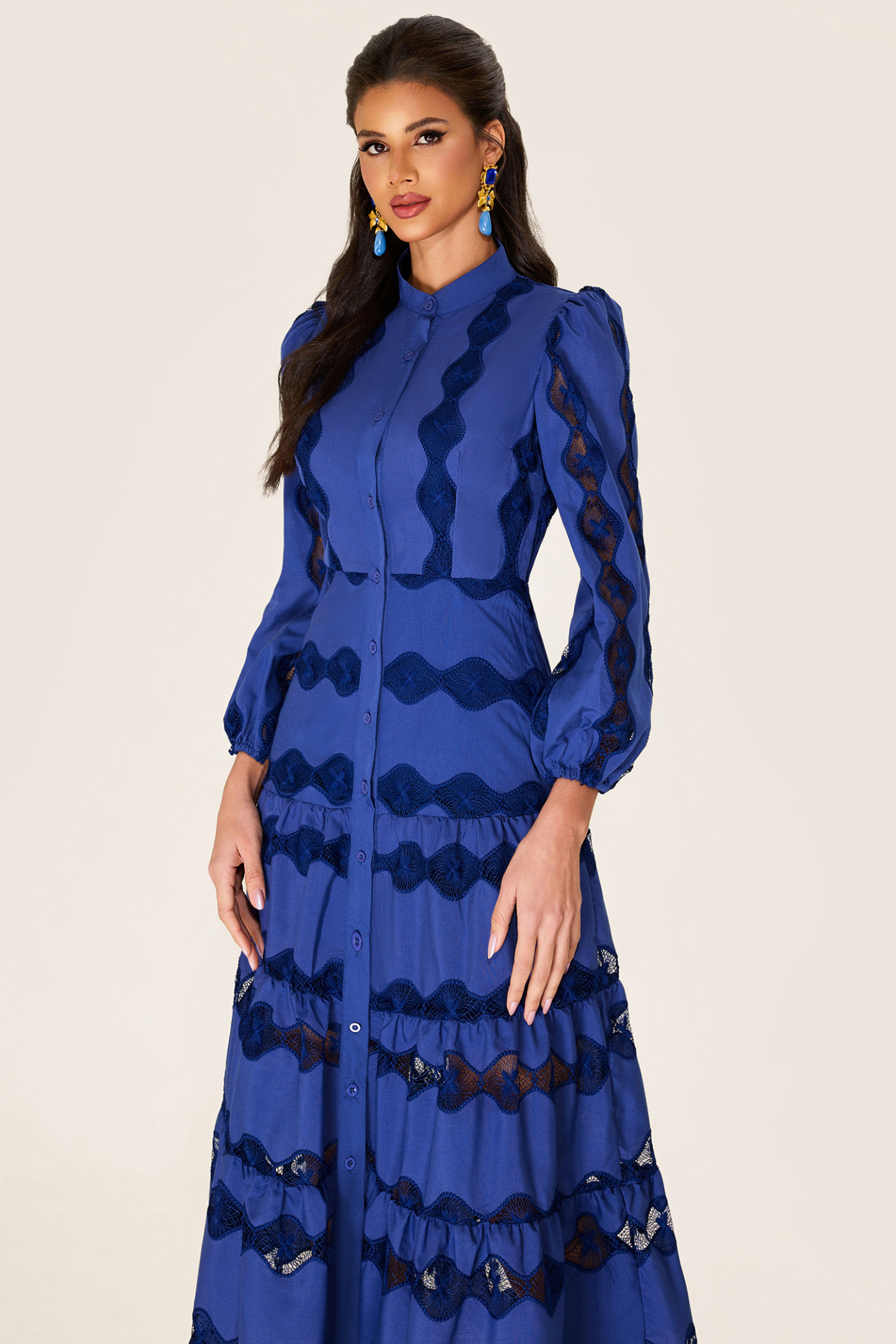 Embroidered Solid Bottom Midi Dress