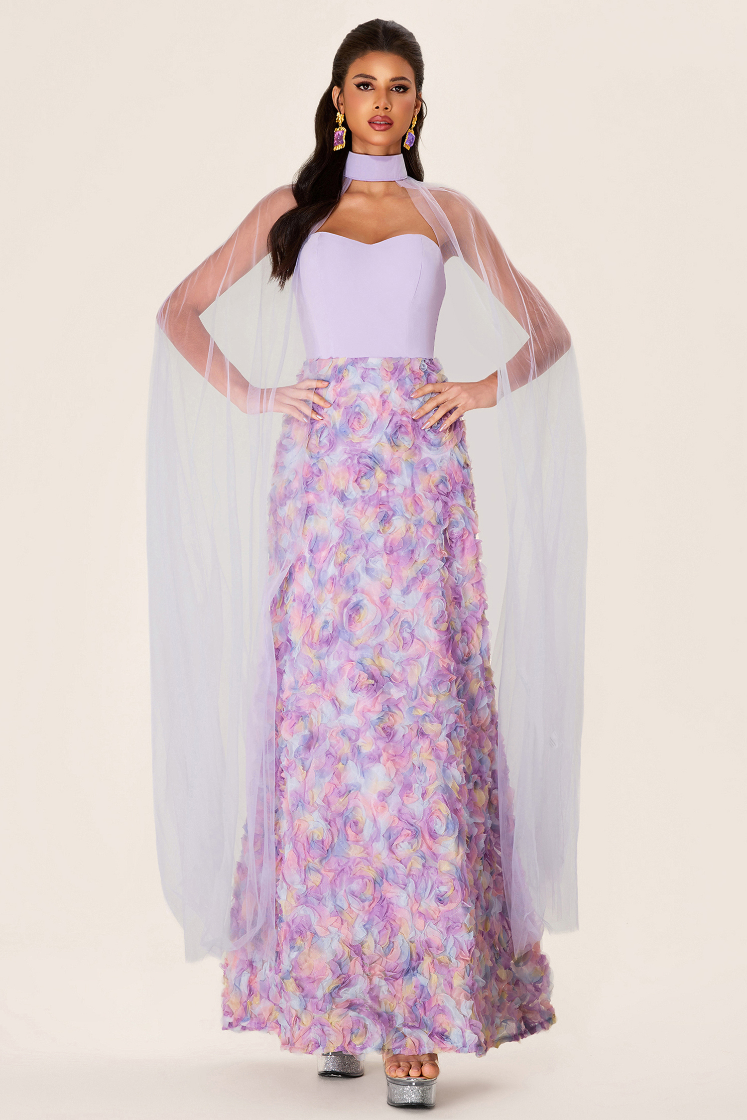 3D Flower Heart Shape Neck Maxi Dress With Cape