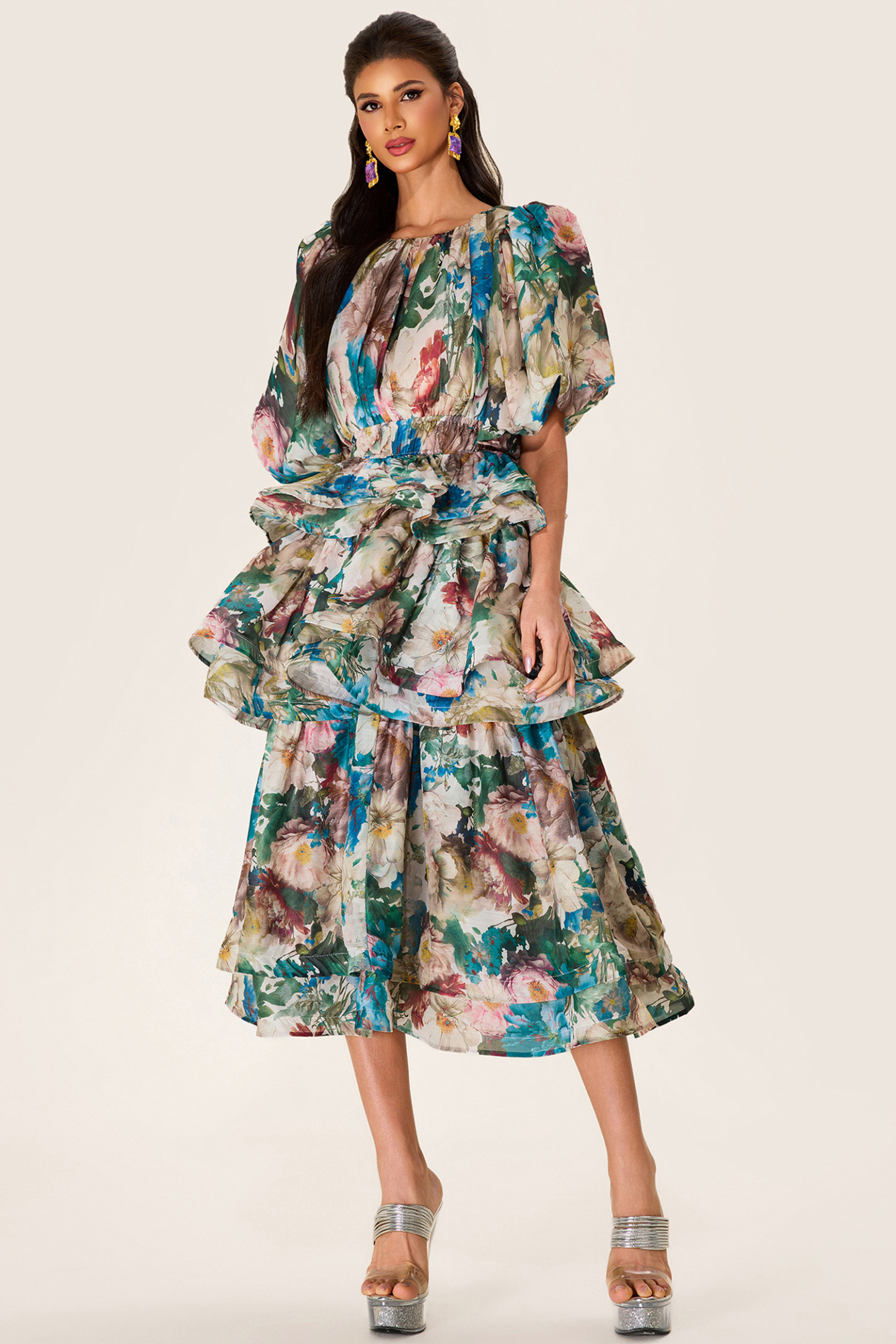 Floral Puff Sleeve Tiered Midi Dress