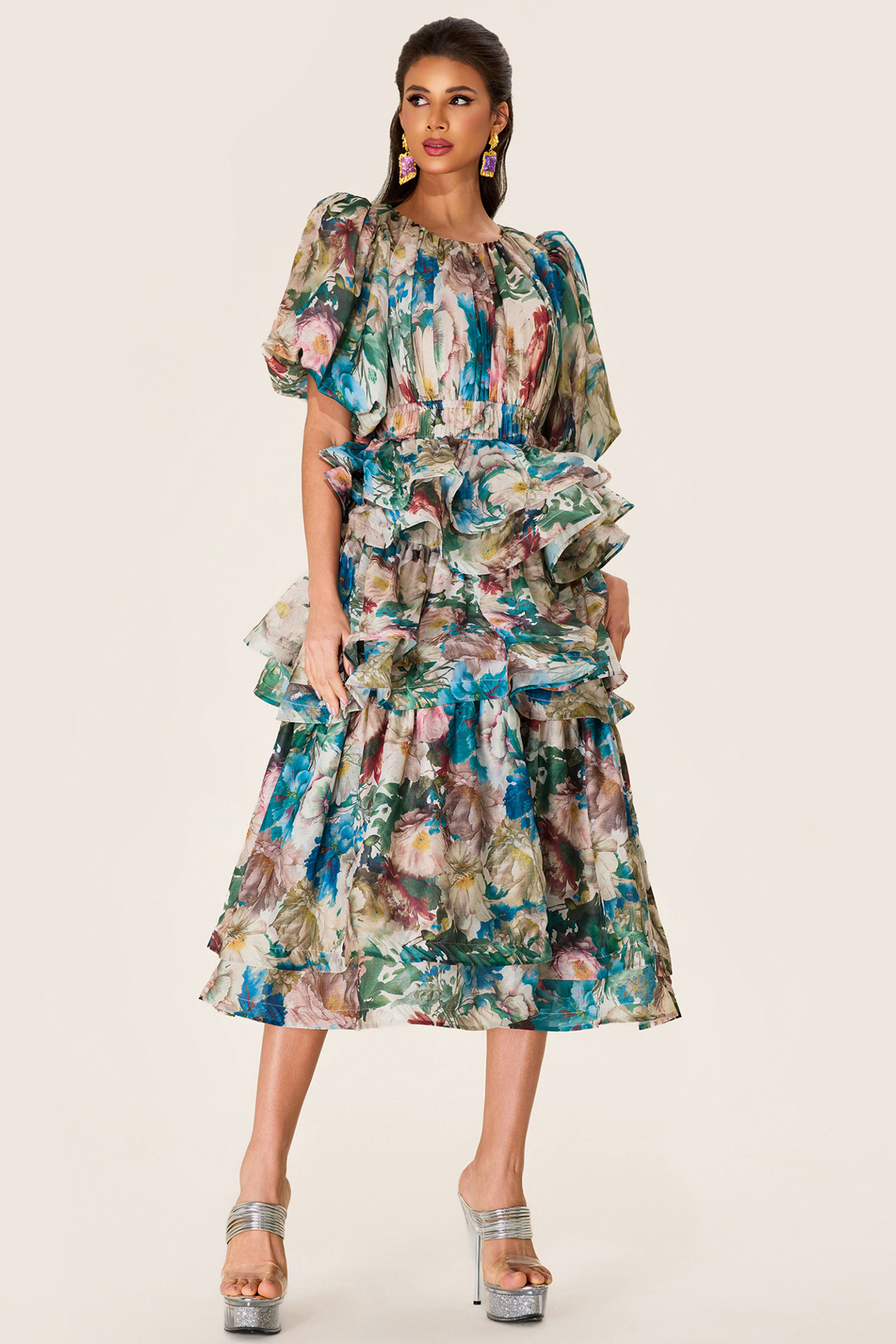 Floral Puff Sleeve Tiered Midi Dress