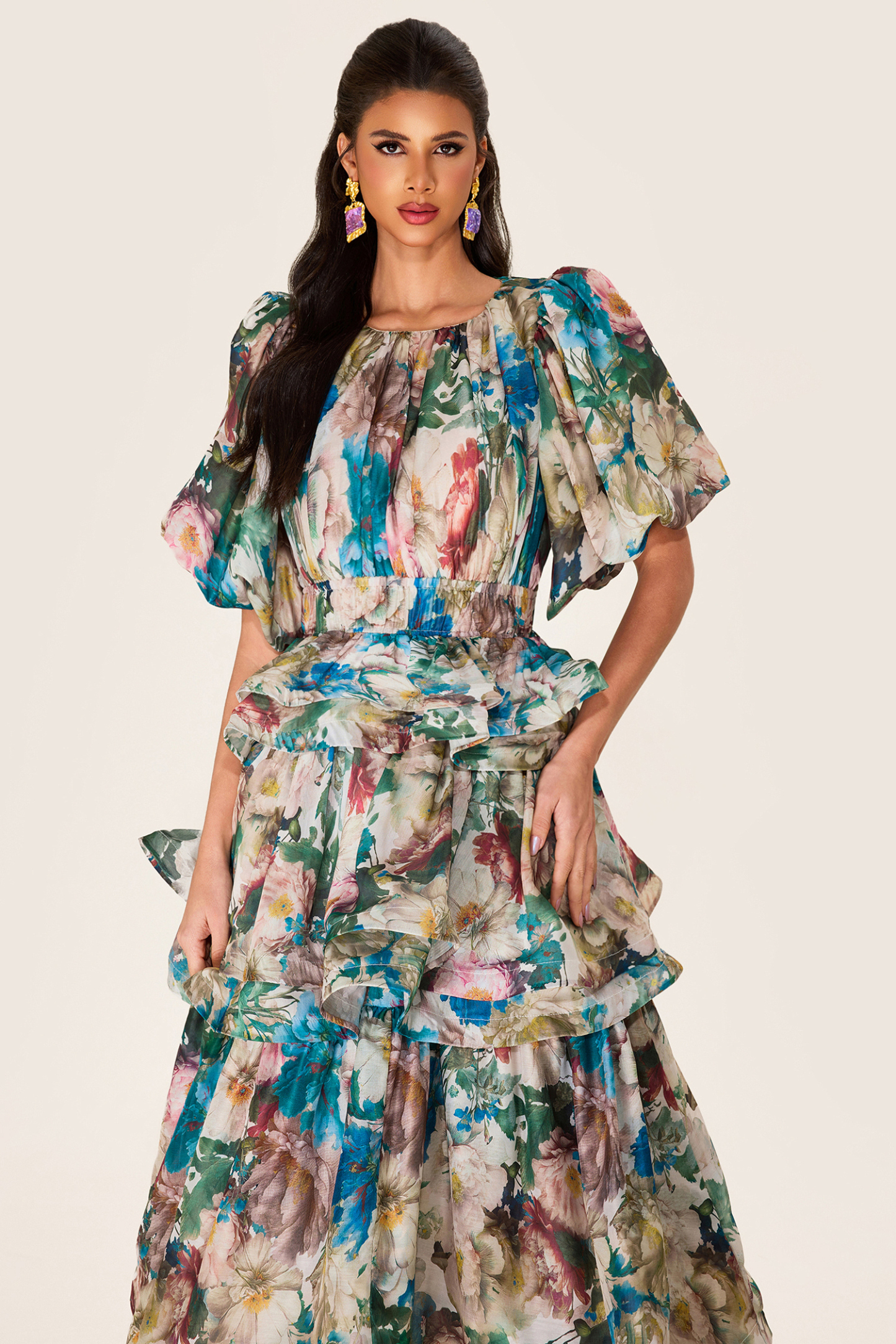Floral Puff Sleeve Tiered Midi Dress