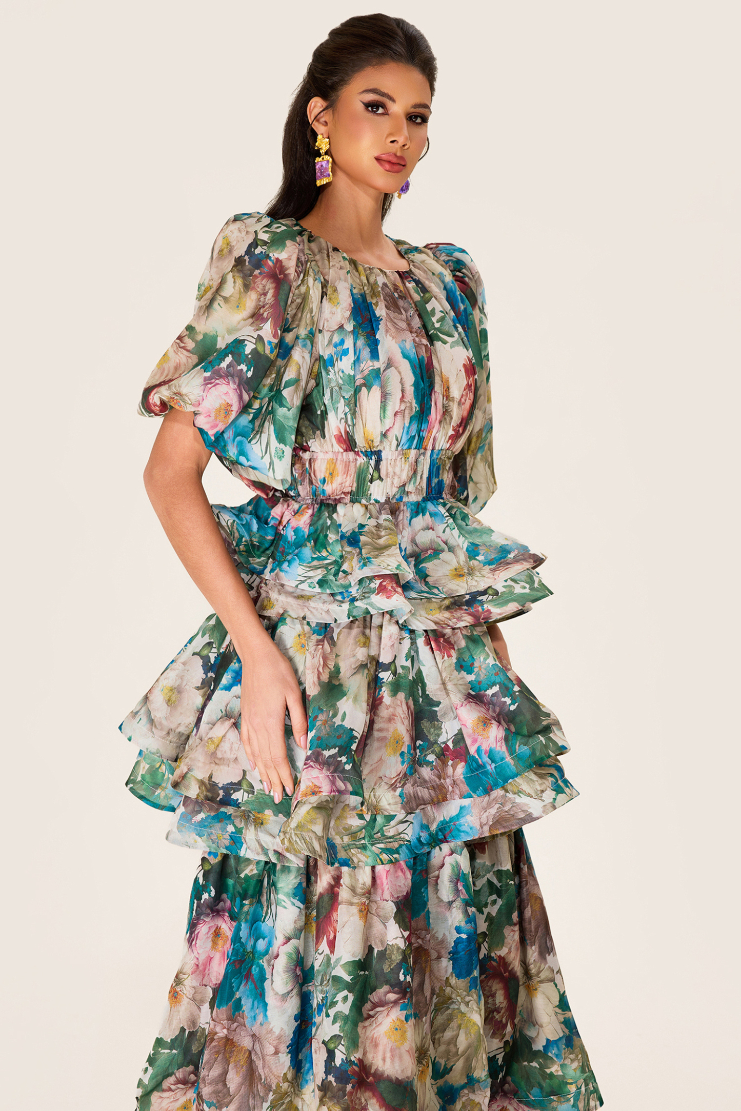 Floral Puff Sleeve Tiered Midi Dress